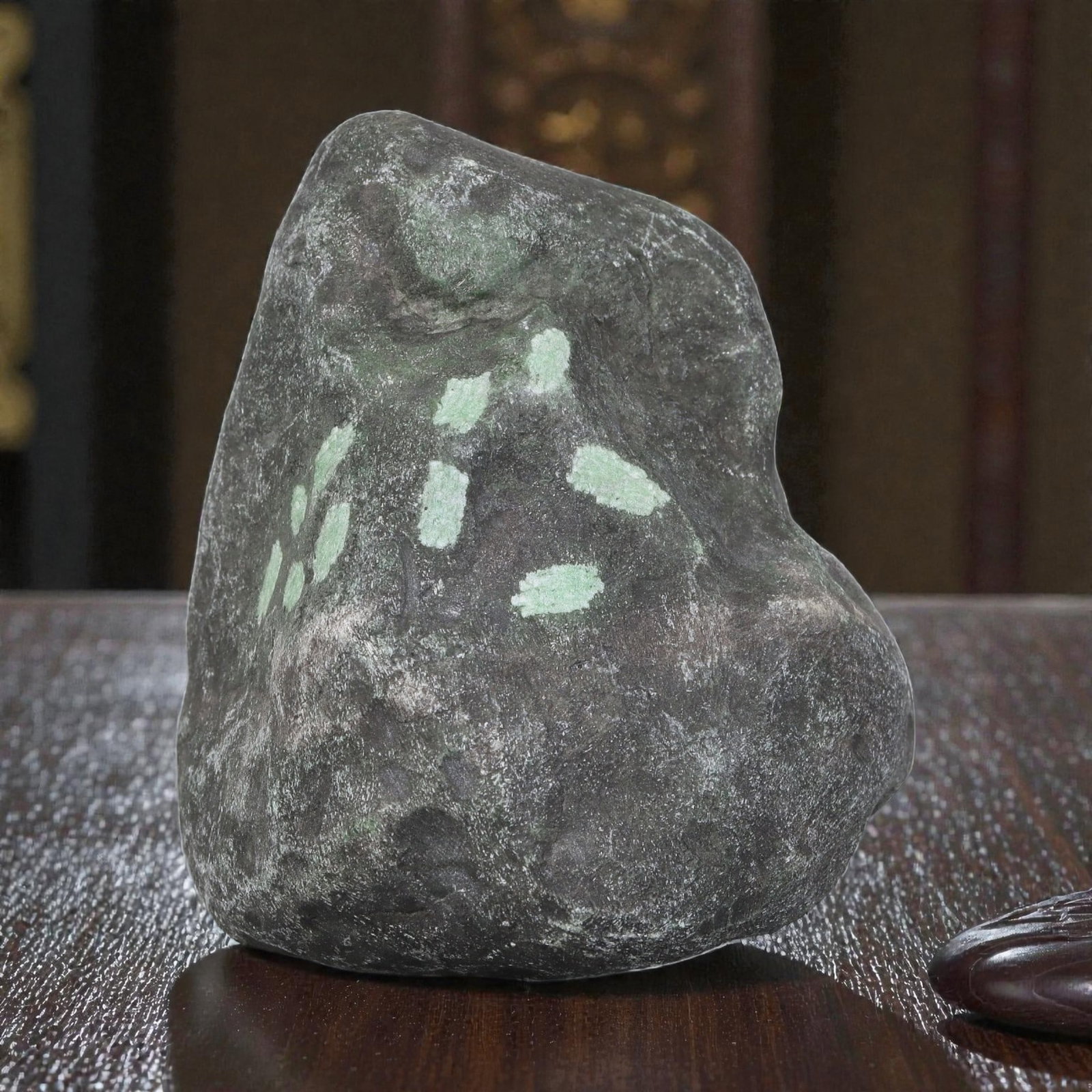 1340Ct Natural Type A Burmese Jadeite Jade Rough Stone - Green Raw Material, 9ZB: Natural Type A Burmese jadeite rough stone, with polished patches revealing vibrant light green mineral deposits visible through its thick, naturally weathered dark grey outer skin. The stone retains 
