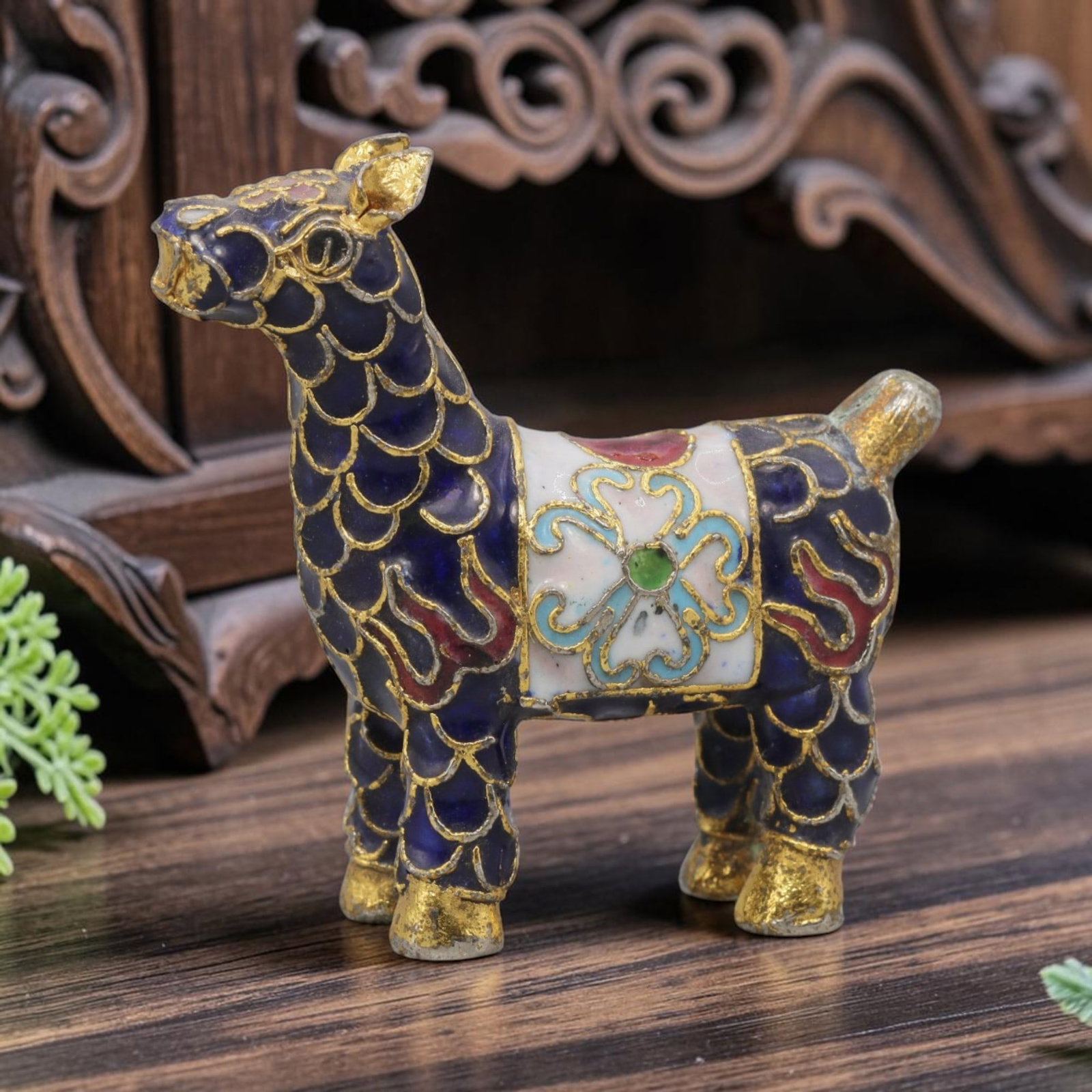 Vintage Chinese Copper Cloisonne Horse Figurine - Enamel Animal Statue, 37YF: Crafted from copper base metal with fine cloisonne wire filigree and hand-fired polychrome enamel glazes, this charming miniature horse figurine features rich cobalt blue enamel scales defined by gold