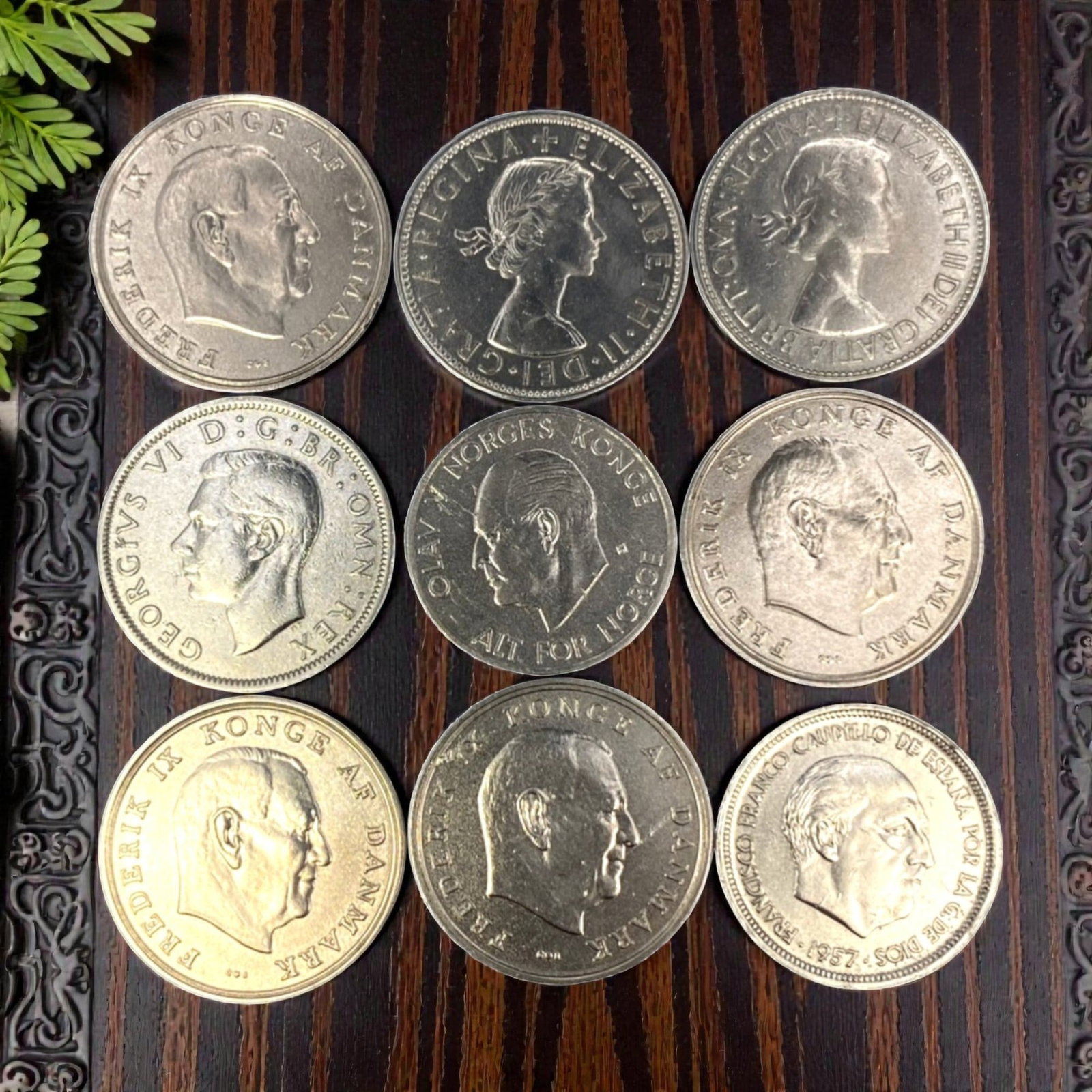 EUROPE: Post-War Monetary Unity - Multi-National 9-Coin Assortment, 1950s-1970s, 30-33mm, 29ZJ: This curated 9-coin assortment encapsulates the monetary and cultural cohesion of Western Europe in the decades following the Second World War, uniting numismatic legacies from Great Britain, Denmark,