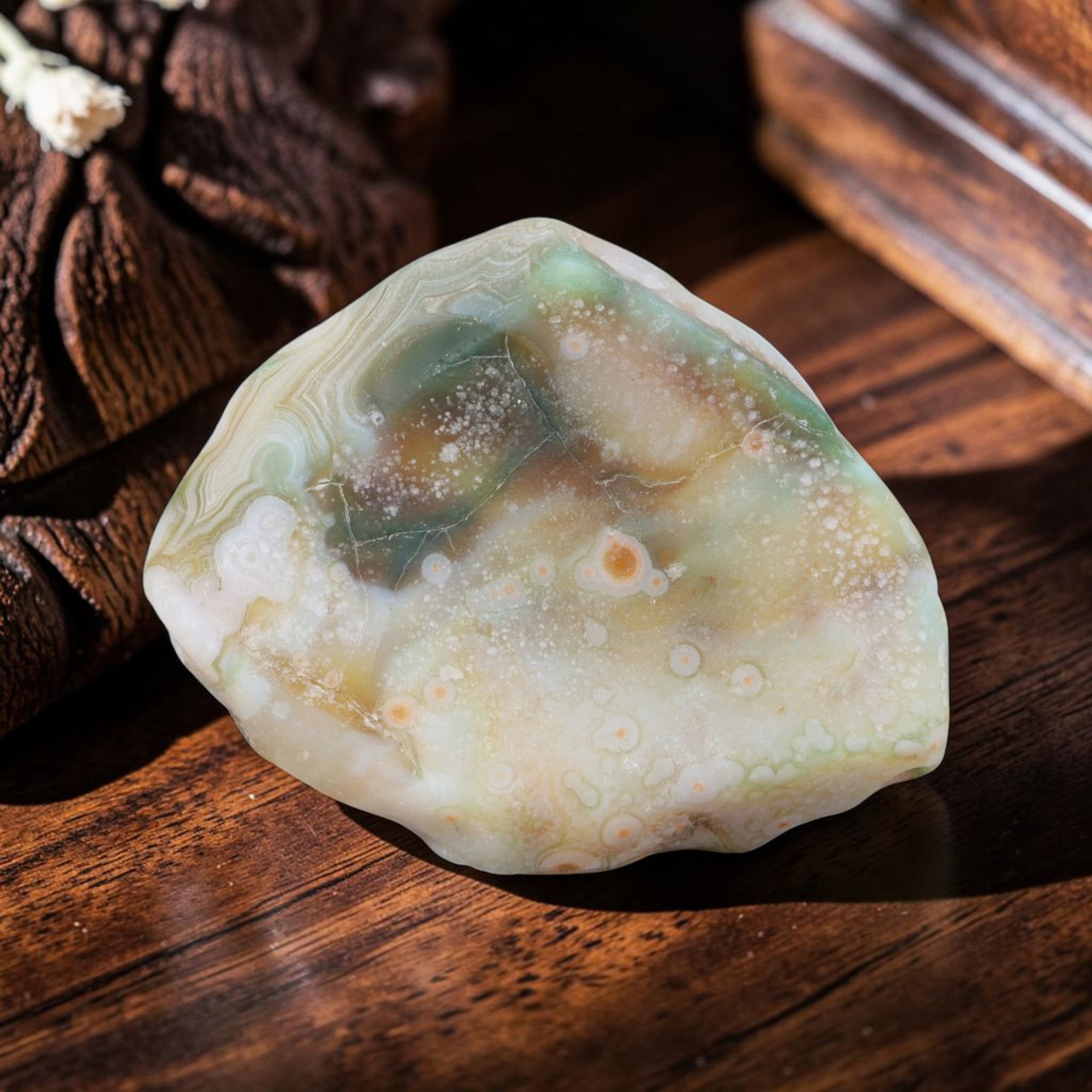 Natural Gobi Desert Eye Agate Raw Stone - Warring States Banded Pattern Collectible Specimen, 44AT: This authentic natural Gobi desert agate rough stone is naturally weathered by wind and sand erosion over millennia, showcasing soft milky translucent base blended with dreamy mint green and warm ambe