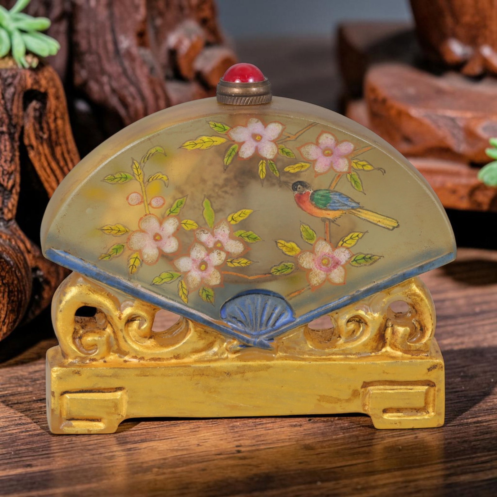 Vintage Chinese Liuli Glass Snuff Bottle - Fan Shaped Interior Painted Bird Blossom Vessel, 52AS: This fan-form snuff bottle is crafted from translucent frosted vintage Chinese liuli glass, decorated with meticulous interior reverse painting depicting a colourful songbird perched amid blooming pin