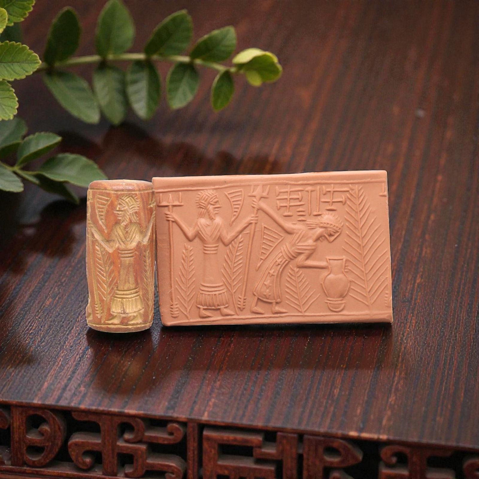 Ancient Steatite Cylinder Seal - Mesopotamian Ritual Cuneiform Scene, 55AL: Carved from warm, banded steatite, this ancient Mesopotamian cylinder seal depicts a detailed ritual scene with cuneiform script, executed with meticulous glyptic craftsmanship characteristic of Mesop