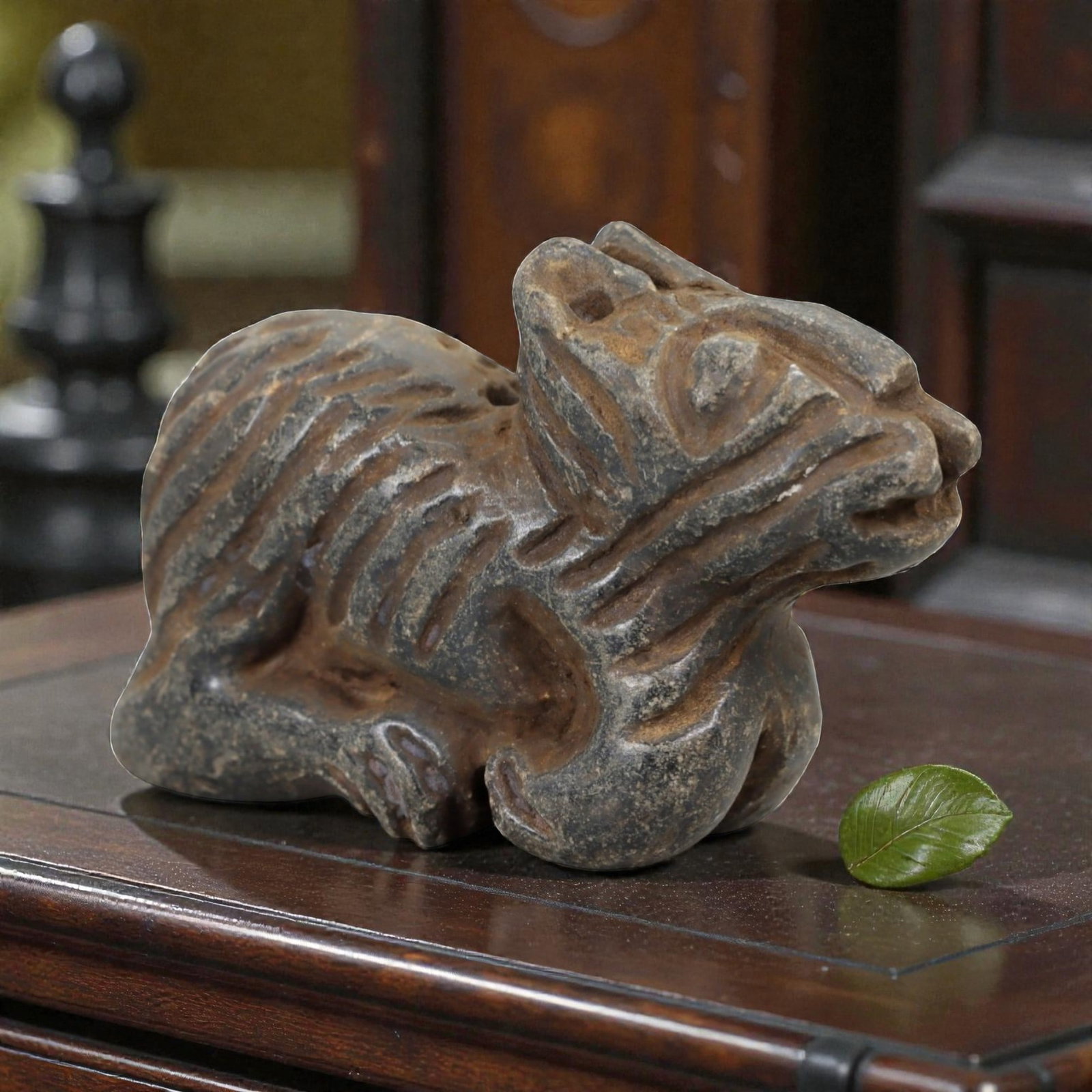 Ancient Schist Zoomorphic Figurine - Animal Carving, 36AH: Carved from schist stone, this ancient zoomorphic figurine features a stylized animal form with incised detailing, typical of small-scale ornamental use in early cultural contexts. The stone exhibits 