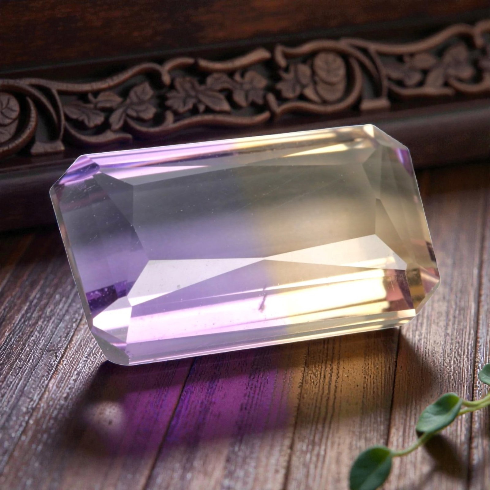 7.238 Carats Violet and Yellow Ametrine - Natural Brazilian Gemstone, LZ275: This impressive octagon step-cut ametrine showcases a striking, well-defined fusion of deep violet and warm golden-yellow hues, a hallmark of this dual-colored quartz. The step-cut faceting enhances t