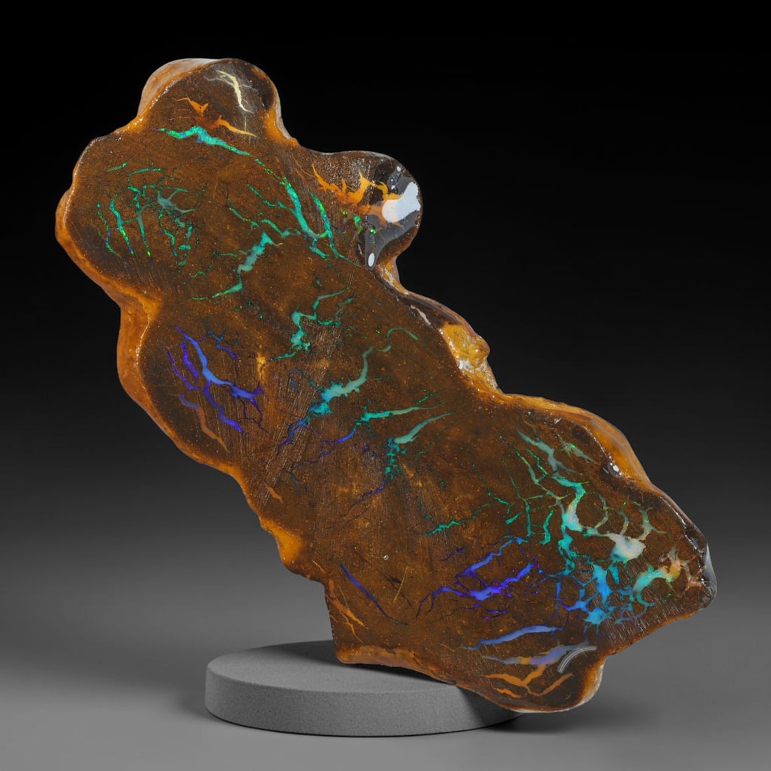 50.47ct Natural Australian Queensland Boulder Opal Sliced Slab Cutting Rough, 45AY: Natural sliced slab rough of Queensland boulder opal cutting grade, featuring rich color ironstone matrix with patterns. The face clearly reveals extensive opal veining and pocket formations running t