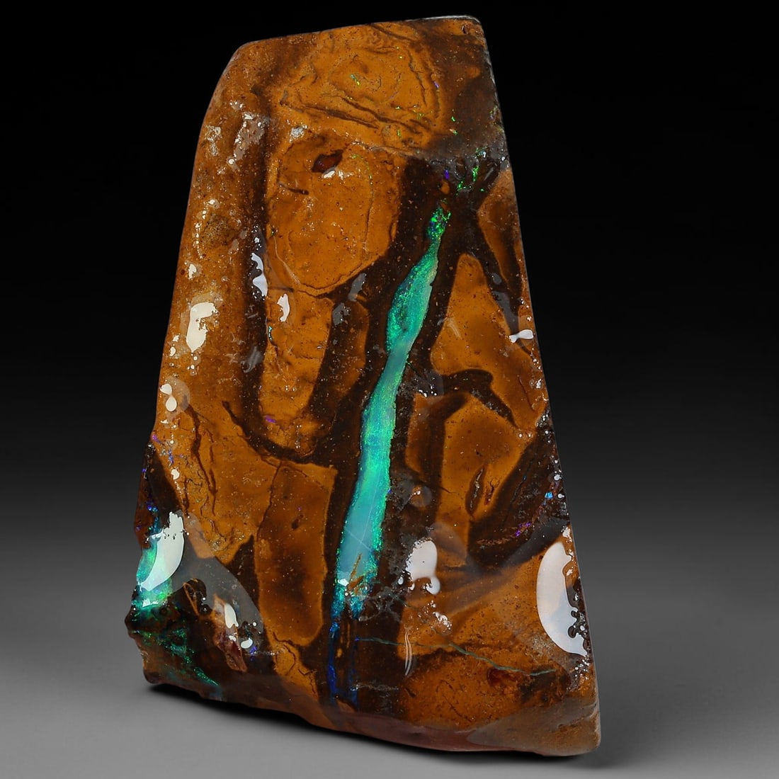 33.42ct Natural Australian Queensland Boulder Opal Sliced Slab Cutting Rough, 52YP: Natural sliced slab rough of Queensland boulder opal cutting grade, featuring rich color ironstone matrix with patterns. The face clearly reveals extensive opal veining and pocket formations running t