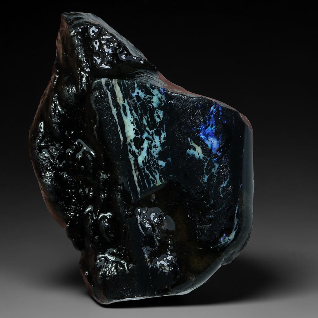 30.40ct Natural Australian Queensland Boulder Opal Sliced Slab Cutting Rough, 48YP: Natural sliced slab rough of Queensland boulder opal cutting grade, featuring rich color ironstone matrix with patterns. The face clearly reveals extensive opal veining and pocket formations running t