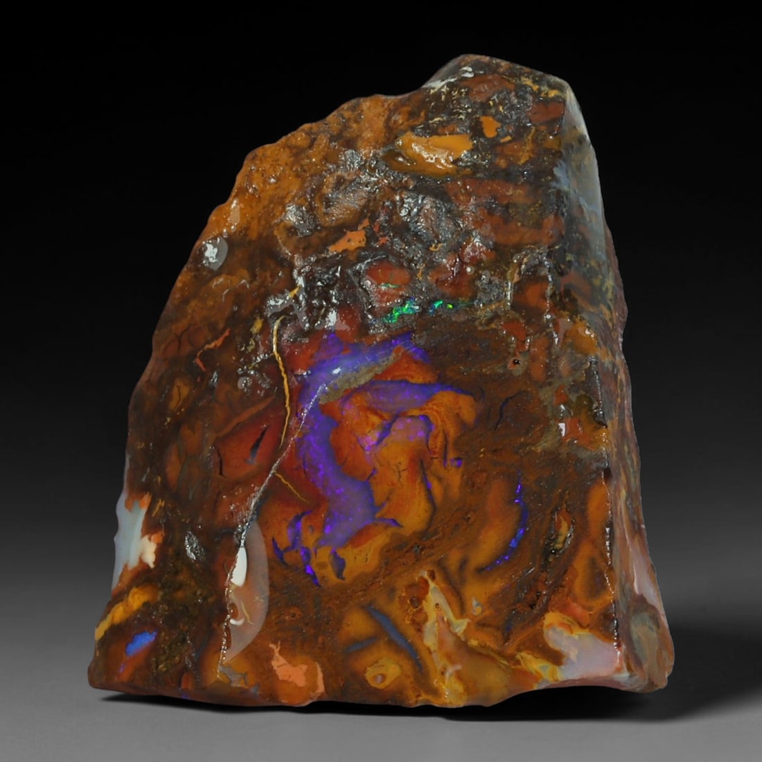 15.50ct Natural Australian Queensland Boulder Opal Sliced Slab Cutting Rough, 56AY: Natural sliced slab rough of Queensland boulder opal cutting grade, featuring rich color ironstone matrix with patterns. The face clearly reveals extensive opal veining and pocket formations running t