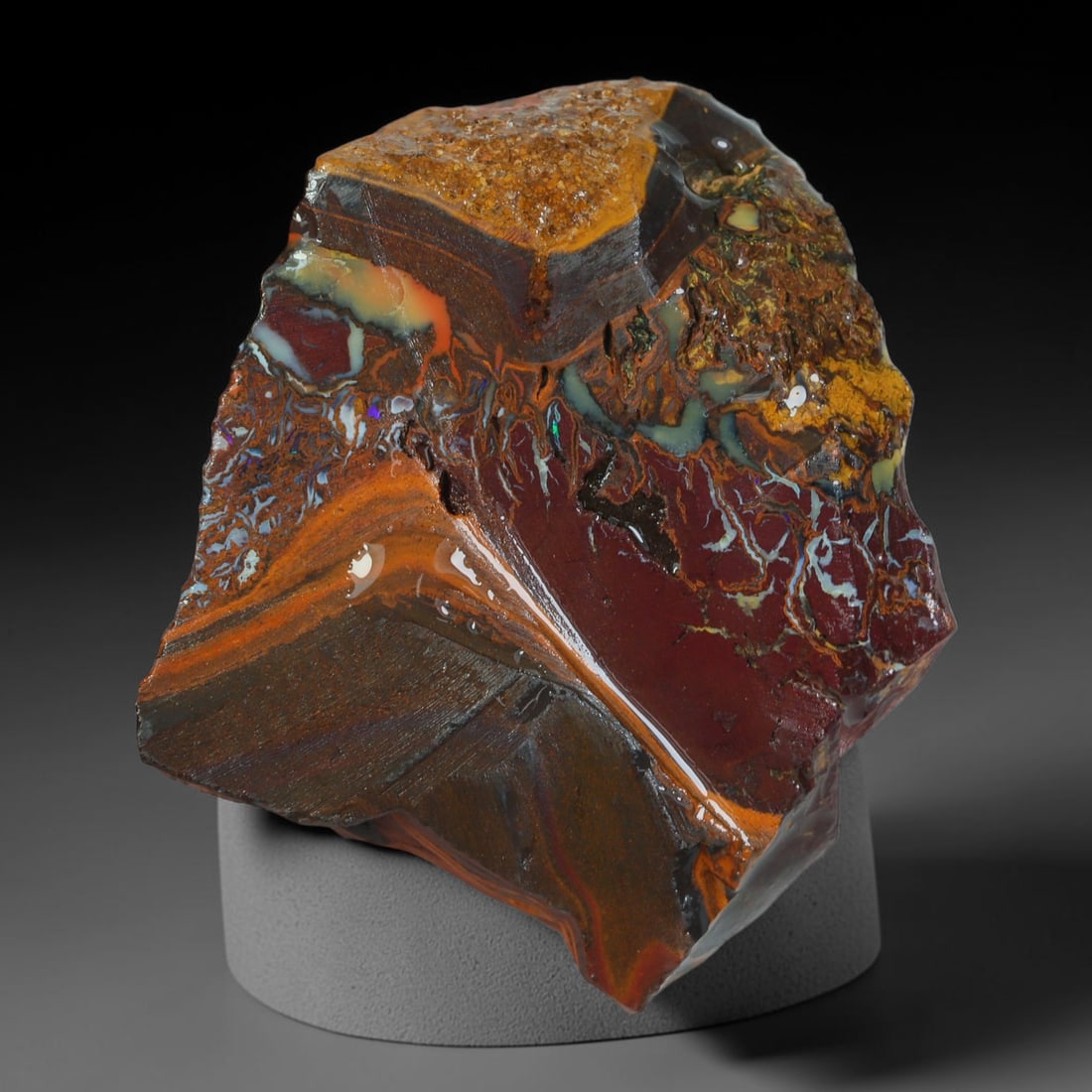 55.55ct Natural Australian Queensland Boulder Opal Sliced Slab Cutting Rough, 22AY: Natural sliced slab rough of Queensland boulder opal cutting grade, featuring rich color ironstone matrix with patterns. The face clearly reveals extensive opal veining and pocket formations running t