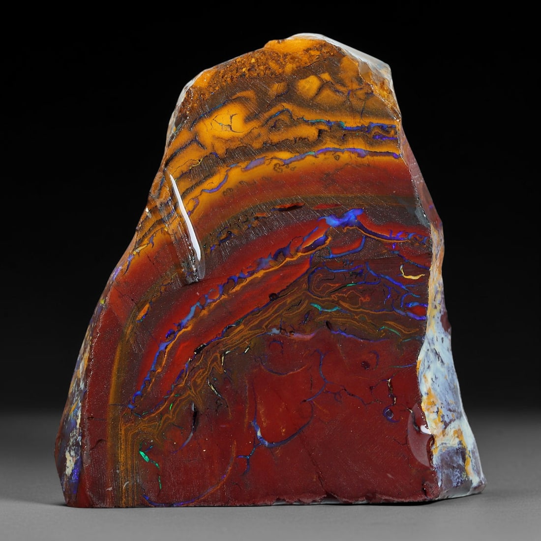 82.88ct Natural Australian Queensland Boulder Opal Sliced Slab Cutting Rough, 93AY: Natural sliced slab rough of Queensland boulder opal cutting grade, featuring rich color ironstone matrix with patterns. The face clearly reveals extensive opal veining and pocket formations running t