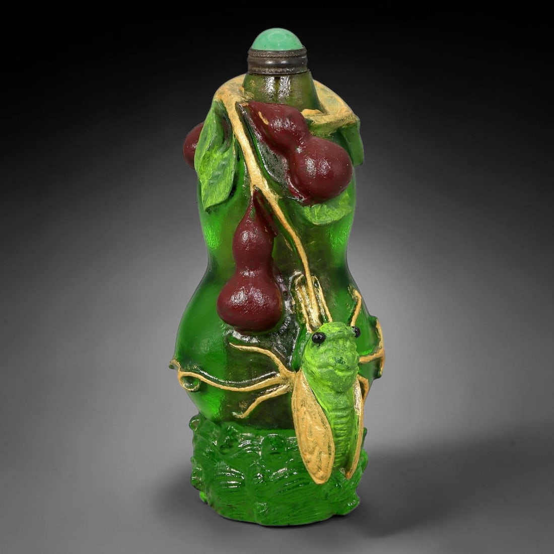 Vintage Chinese Liuli Glass Snuff Bottle - Cicada & Double Gourd Relief Motif, 72YF: This snuff bottle is moulded from translucent emerald green liuli glass, formed in a double gourd body with sculpted high-relief detailing featuring reddish-brown gourds, leafy vines highlighted with 