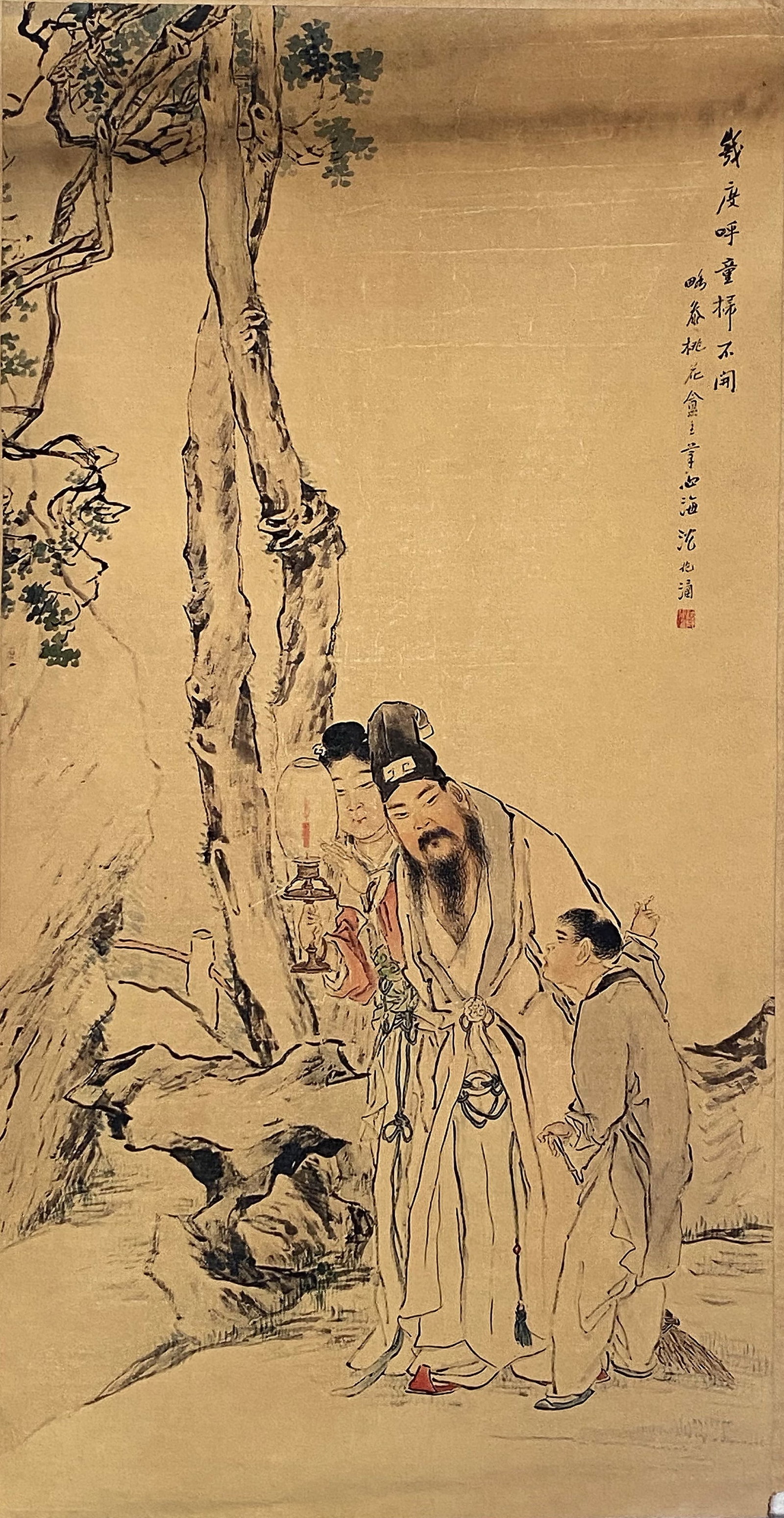 A Chinese Ink and Color Art Print of Returning at Dusk, 20th Century, 9FK: Produced using fine art printing processes on aged paper stock, the work is an ink and color art print executed in the traditional Chinese literati figure painting idiom. The composition features a be
