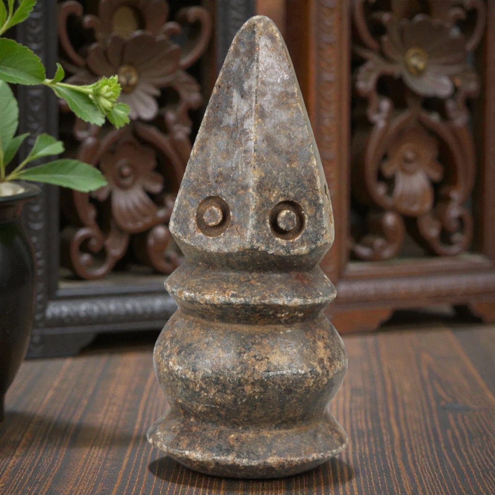 Ancient Stone Eye Idol - Near Eastern Amulet Figurine, 17AM: This artifact is carved from a dense, weathered stone with a mottled, earthy patina indicative of long-term burial exposure. The form consists of a tapering, pyramidal upper section with two deeply in