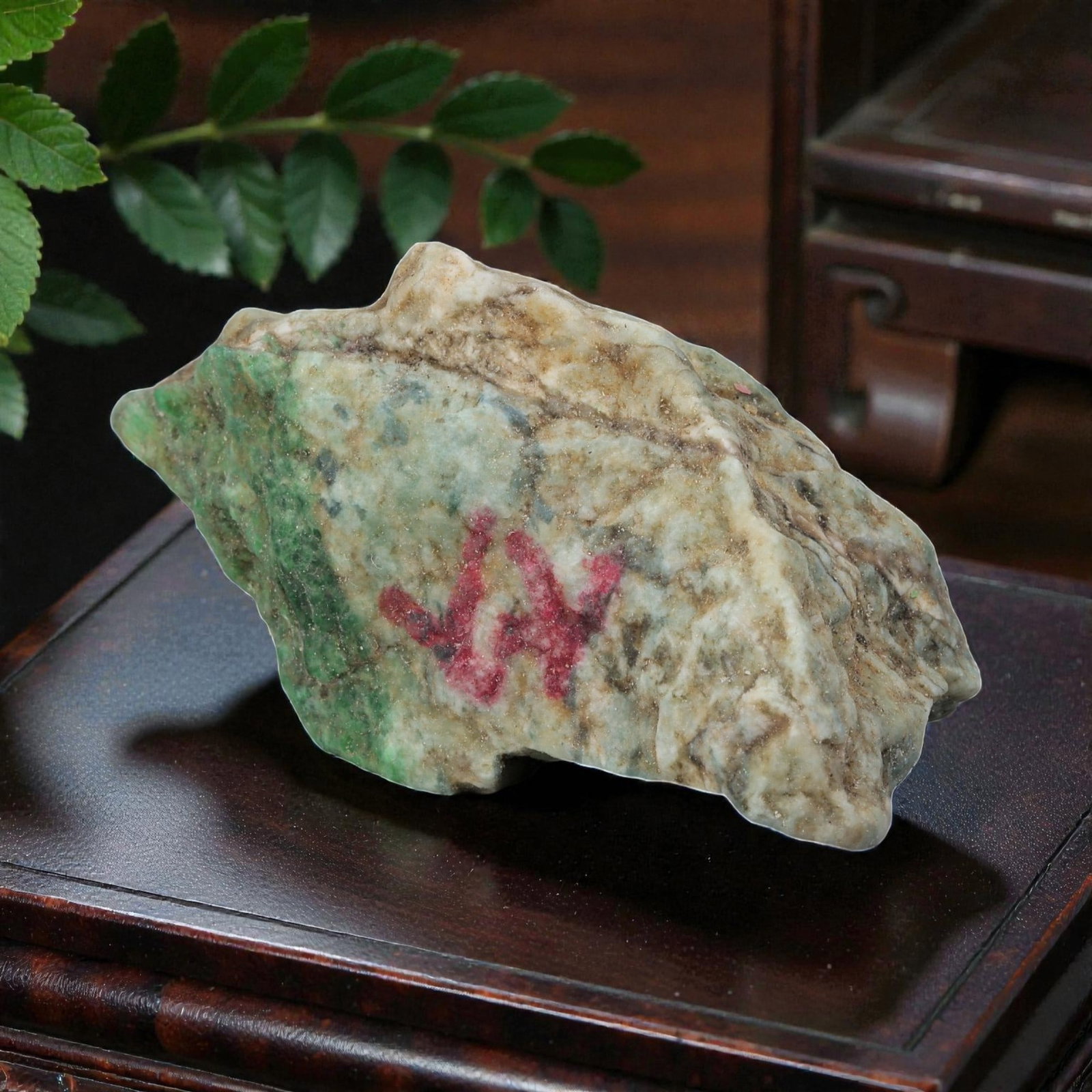 185Ct Natural Type A Burmese Jadeite Jade Rough Stone - Multi-Color Raw Material, 41EA: This is a natural, unpolished rough stone of Type A Burmese jadeite jade, weighing 185 carats and measuring 5.5x3cm. The stone displays a striking multi-color pattern with vibrant green patches, earth