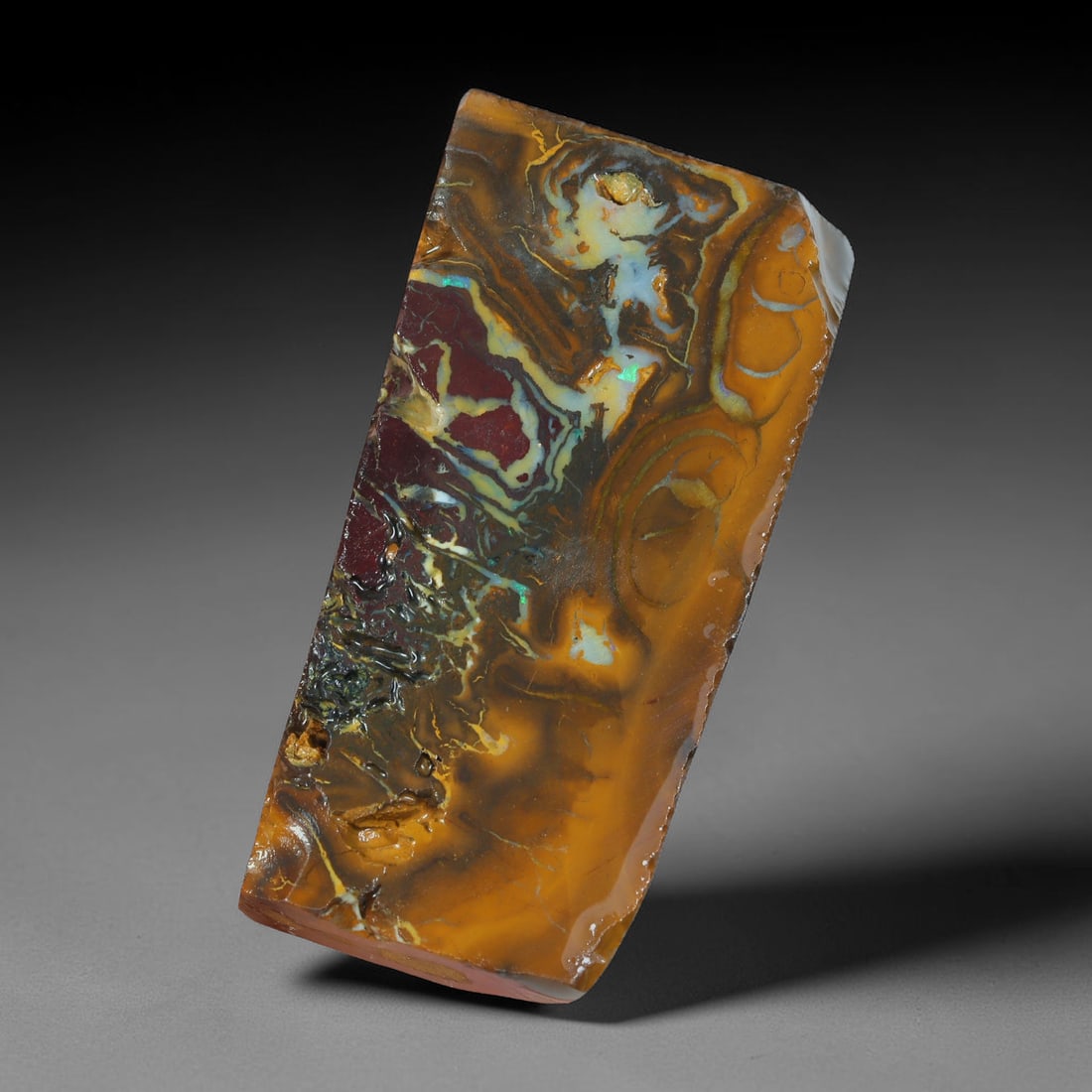 63.20ct Natural Australian Queensland Boulder Opal Sliced Slab Cutting Rough, 91AX: Natural sliced slab rough of Queensland boulder opal cutting grade, featuring rich color ironstone matrix with patterns. The face clearly reveals extensive opal veining and pocket formations running t