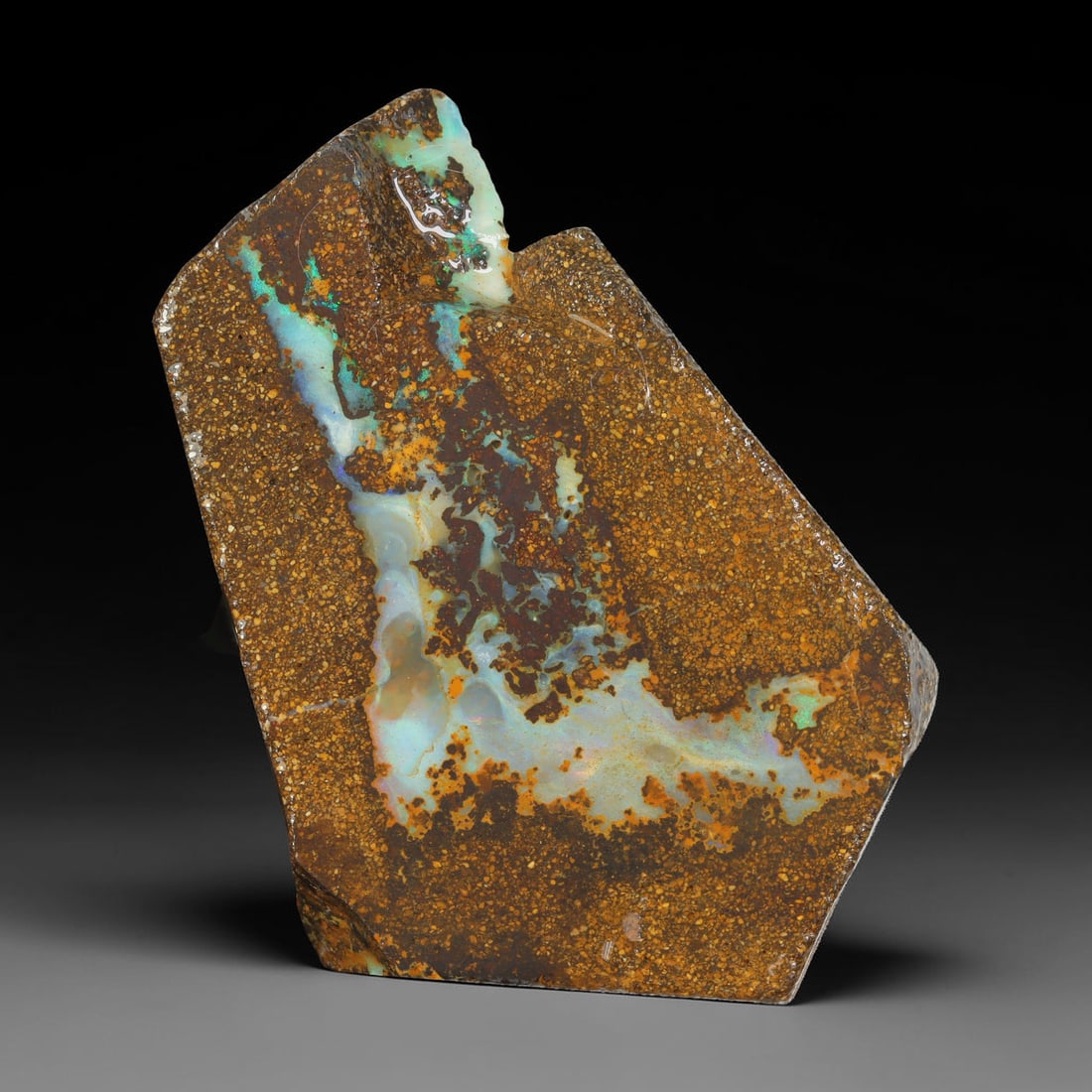 102.24ct Natural Australian Queensland Boulder Opal Sliced Slab Cutting Rough, 16YL: Natural sliced slab rough of Queensland boulder opal cutting grade, featuring rich color ironstone matrix with patterns. The face clearly reveals extensive opal veining and pocket formations running t