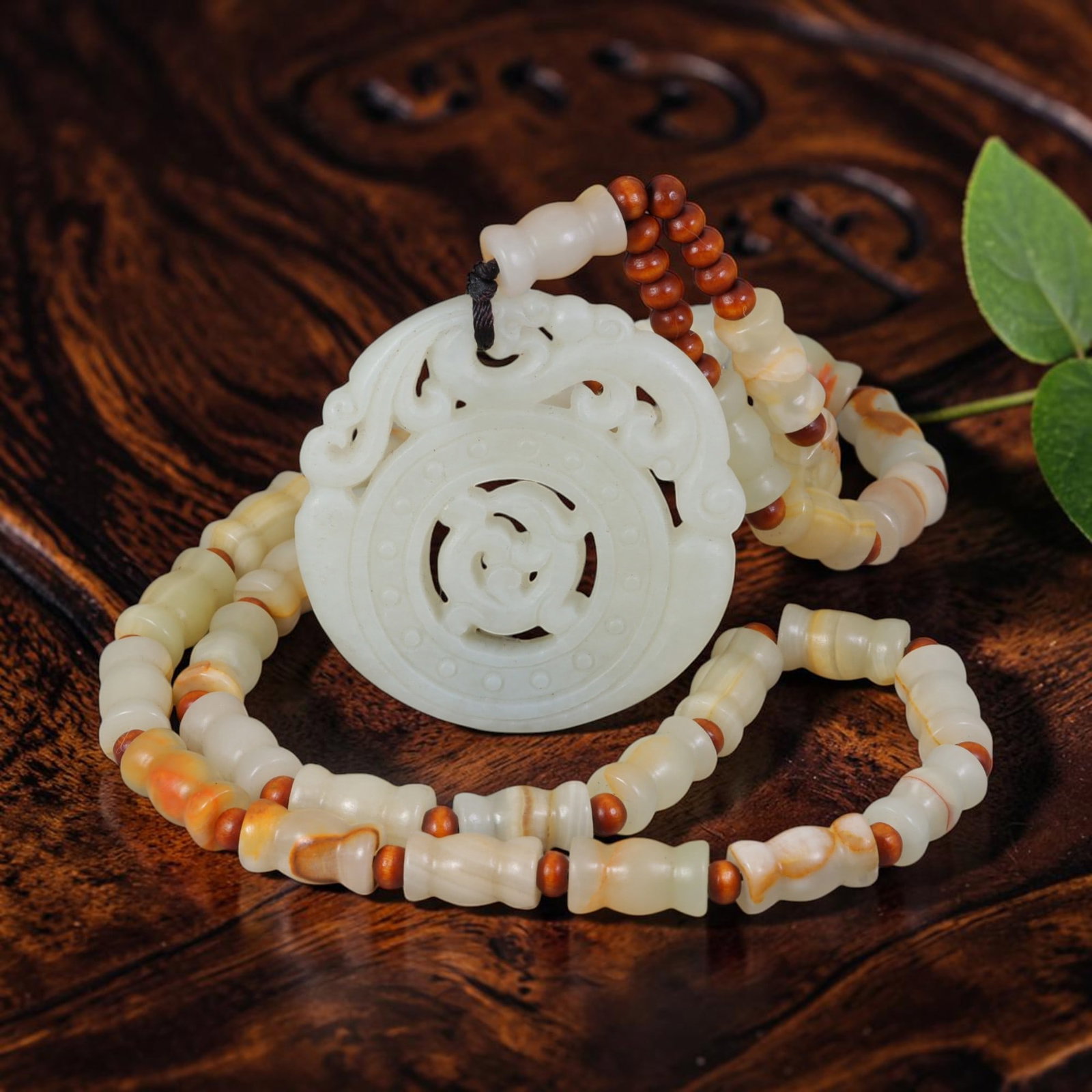 Natural Xinjiang Hetian Jade Pendant Necklace - Chinese Carved Amulet, 82YJ: This necklace features a natural Xinjiang Hetian jade pendant paired with matching Hetian jade beads, accented with small wooden spacers. The pendant is carved from pale white Hetian jade with subtle 