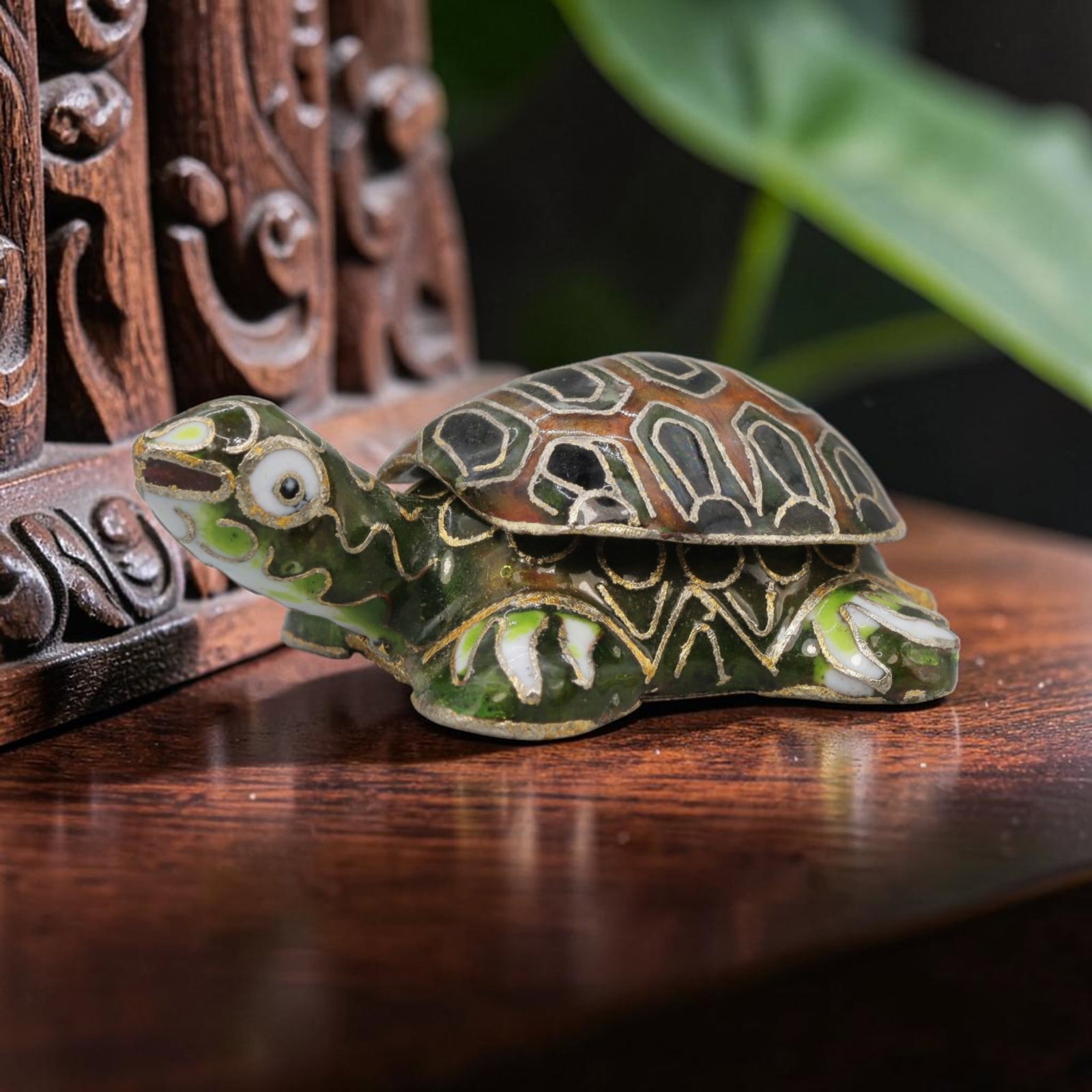 Vintage Chinese Copper Cloisonne Turtle Trinket Box - Enamel Figurine Casket, 18YF: Crafted from copper base metal with fine cloisonne wire filigree and hand-fired polychrome enamel glazes, this whimsical turtle-shaped lidded trinket box features a vibrant green enamel body with scal