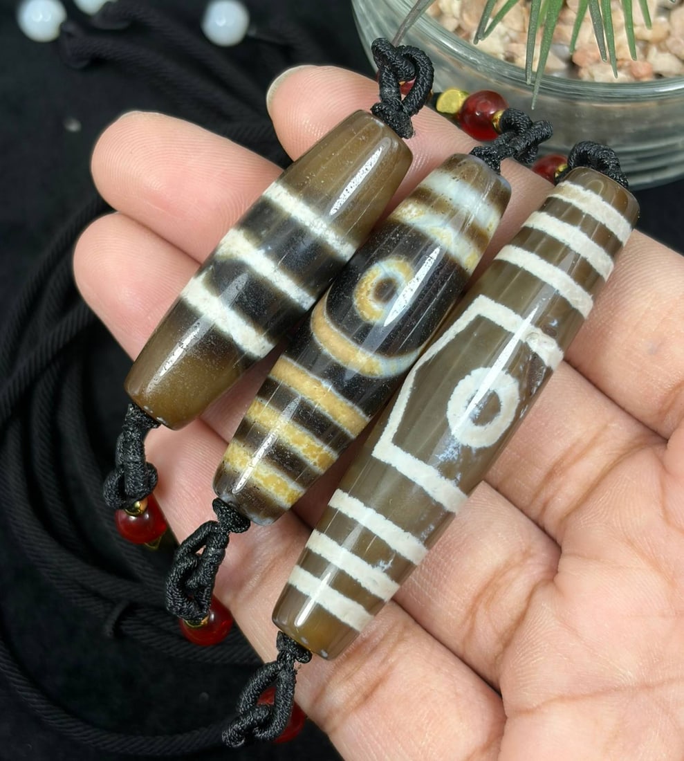 Set of 3 Chinese Agate Dzi Bead - Tibetan Pendant Necklace, 16EB: This offering includes three individual agate dzi bead pendants strung as complete necklaces, each bead formed from polished banded agate featuring traditional etched symbolic patterns revered within 
