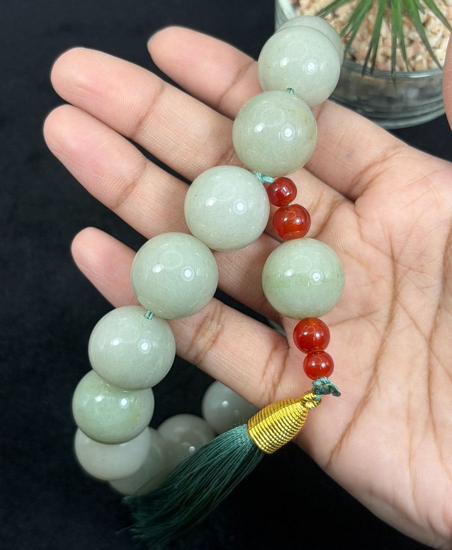 Natural Xinjiang Pale Celadon White Hetian Jade Prayer Mala, 18 Round 18.4mm Beads, 38AT: This authentic Chinese meditation prayer mala measures 39 cm in full length, handcrafted from genuine natural untreated Xinjiang pale celadon white Hetian nephrite jade, also known as Qing Bai Yu in C