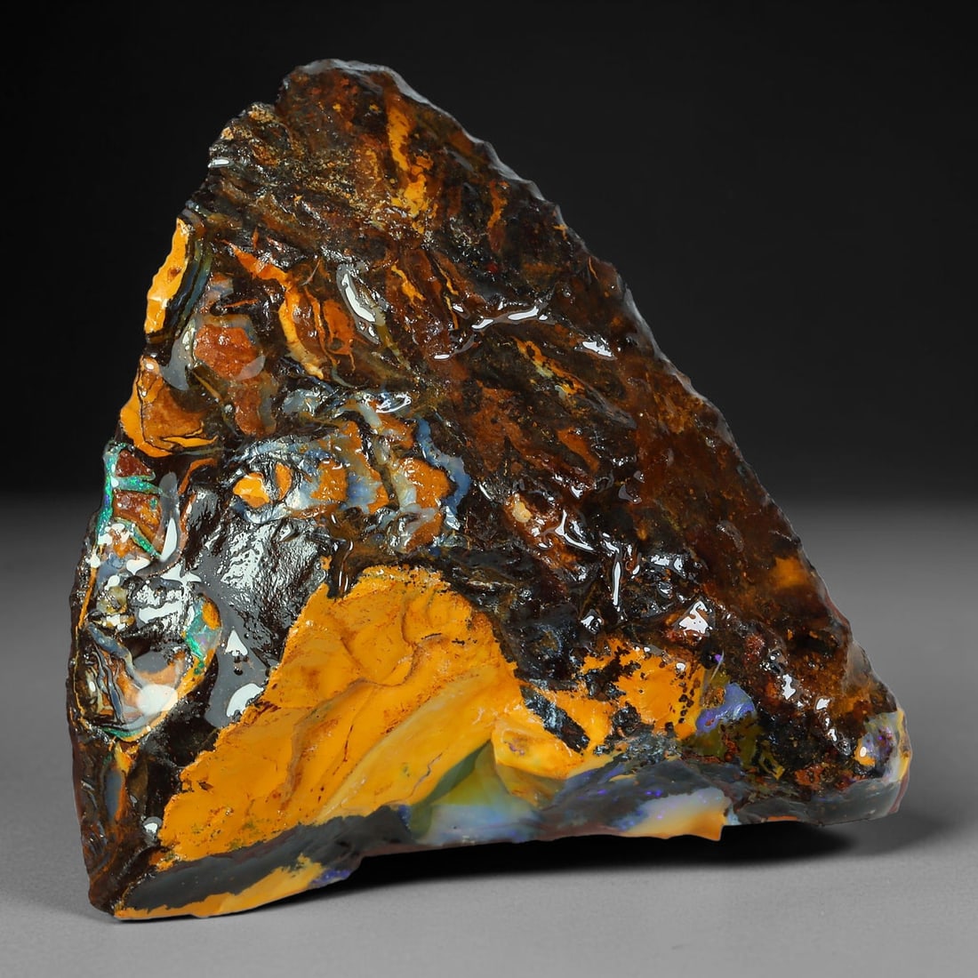 87.56ct Natural Australian Queensland Boulder Opal Sliced Slab Cutting Rough, 84YP: Natural sliced slab rough of Queensland boulder opal cutting grade, featuring rich color ironstone matrix with patterns. The face clearly reveals extensive opal veining and pocket formations running t