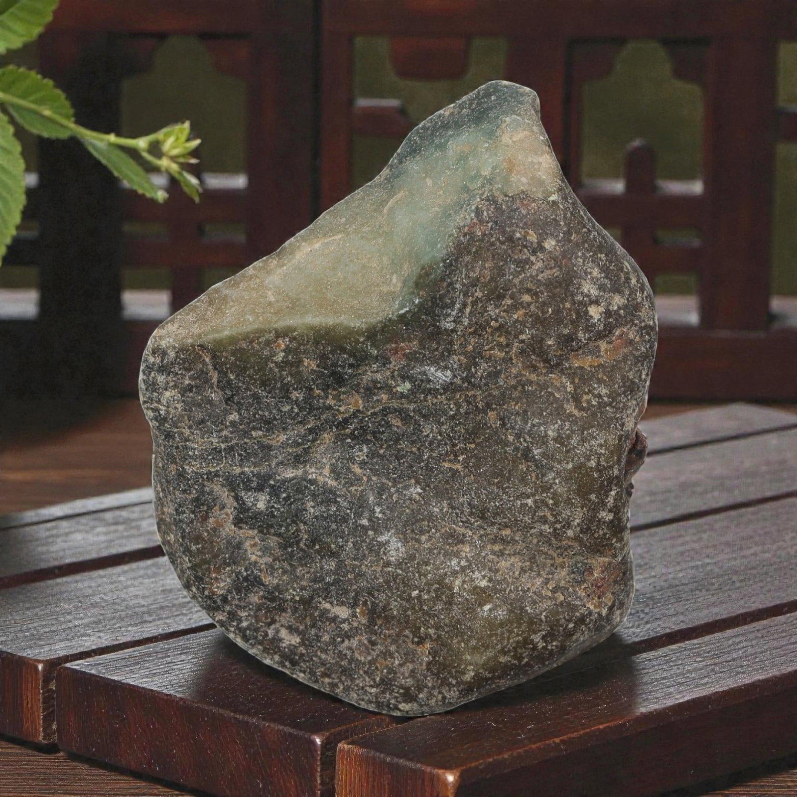 205ct Natural Burmese Light Green Ice Jadeite Jade Rough Stone, 82EA: This is a natural Type A Burmese jadeite jade rough stone, measuring 4x3.4cm and weighing 41g (205ct). It features a semi-polished surface revealing a translucent light green ice jadeite section, cont