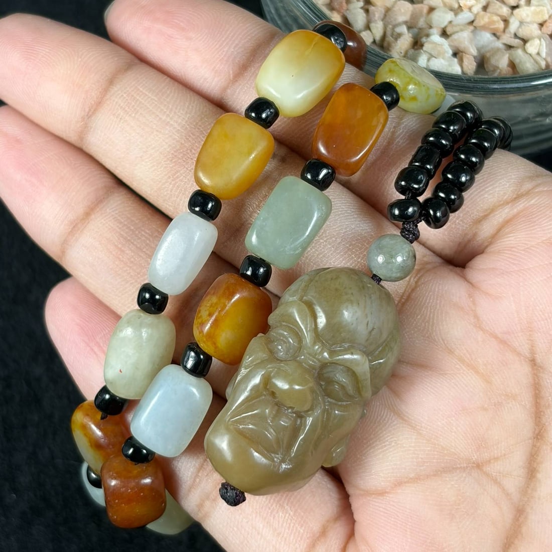 Natural Xinjiang Hetian Brown Luohan Head Multi Russet Skin Seed Jade Necklace Pendant, 20AT: This full wearable necklace strand measures 63 cm in total length, made from genuine untreated Xinjiang Hetian nephrite river seed pebbles adorned with natural warm orange, amber and reddish-brown rus