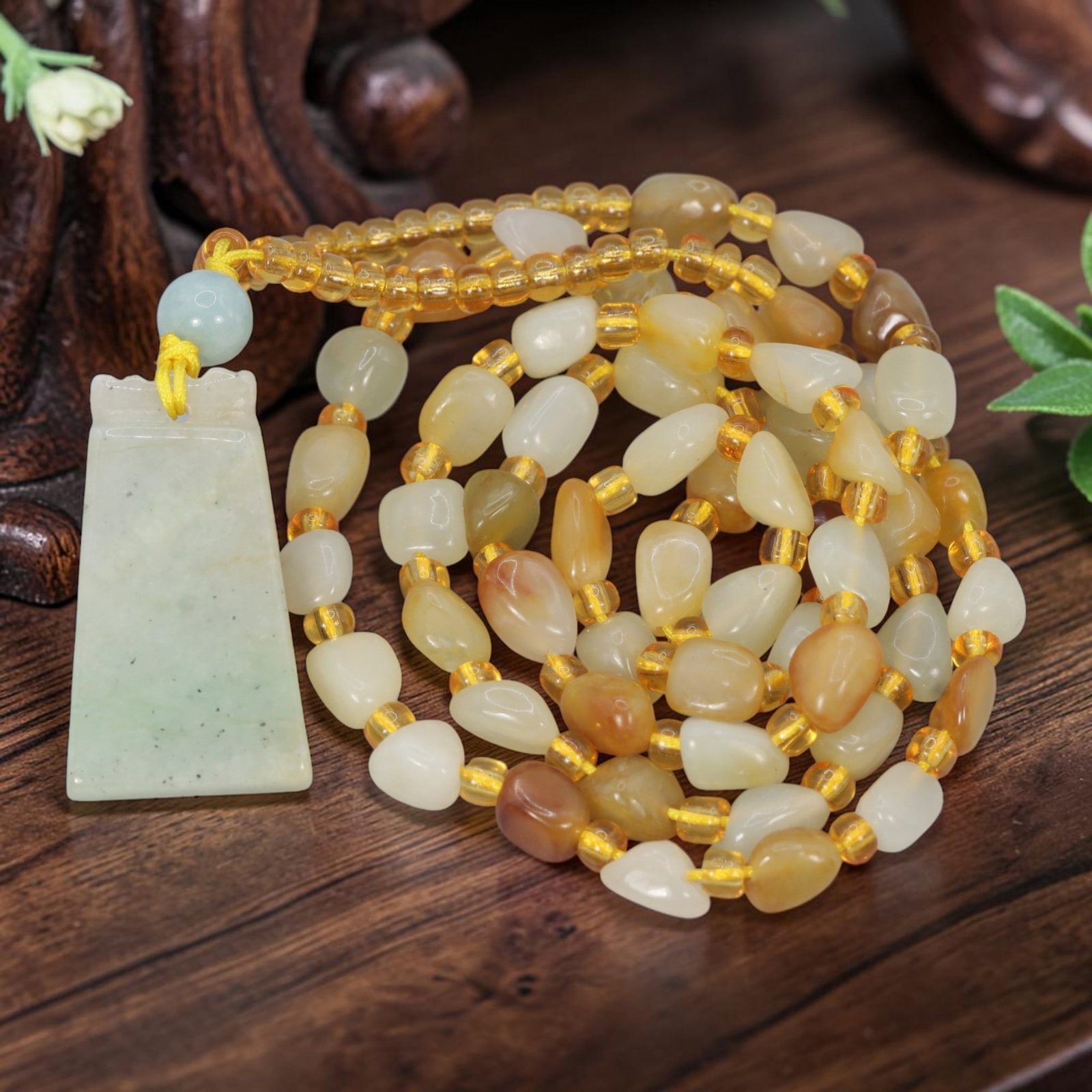 Natural Xinjiang Hetian Jade Necklace - Chinese Jade Plaque Pendant, 75YJ: This necklace features a natural jade plaque pendant paired with matching Xinjiang Hetian jade pebble beads, accented with translucent yellow spacer beads and a light blue accent bead. The pendant is 