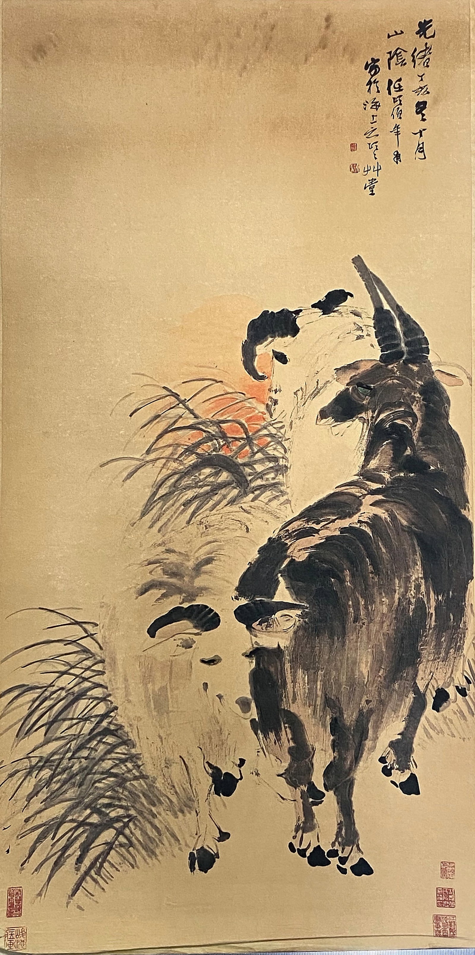 A Chinese Ink and Color Art Print of Goat at Dawn, 20th Century, 3FK: Produced using fine art printing processes on aged paper stock, the work is an ink and color art print executed in the traditional Chinese animal painting idiom. The composition features a goat render