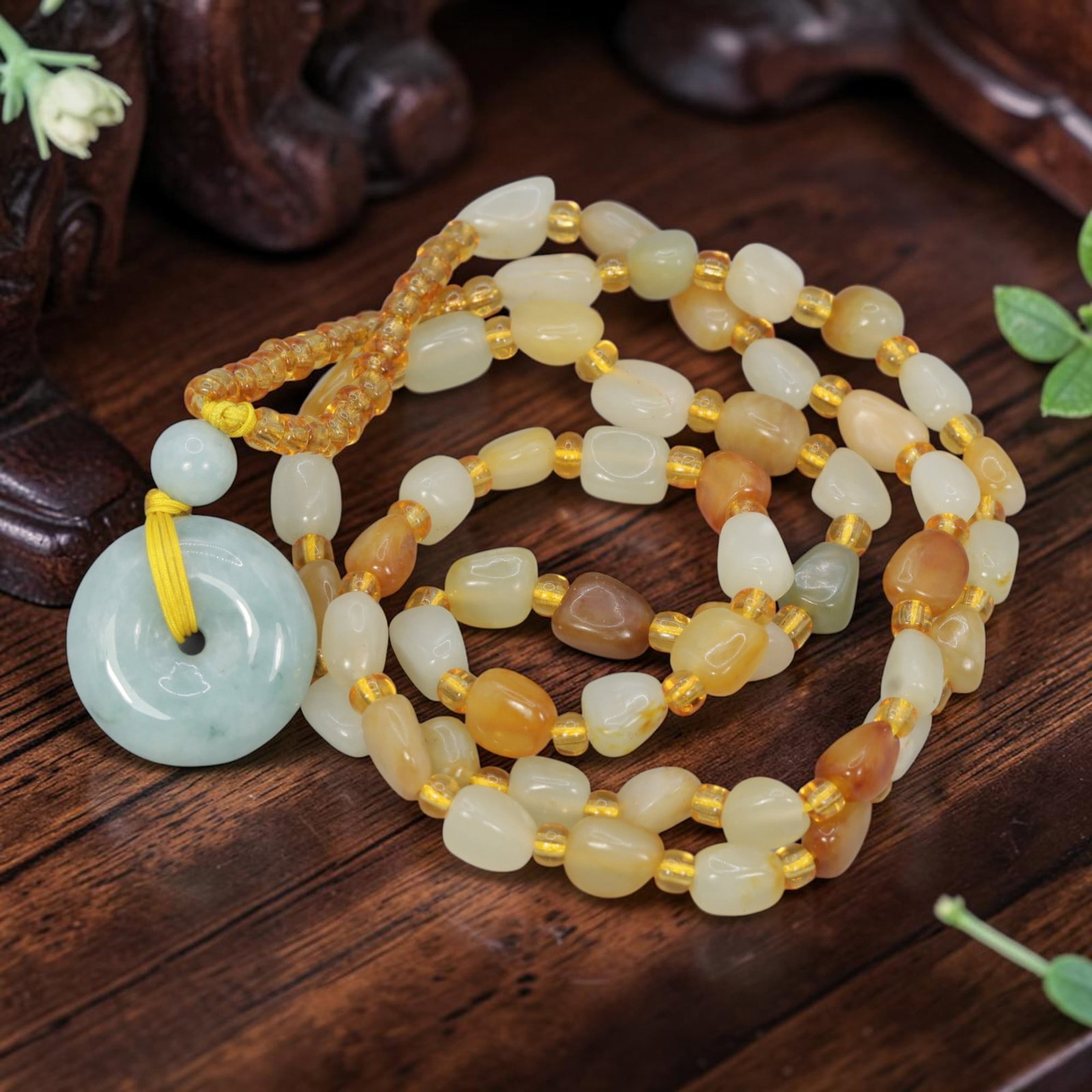 Natural Xinjiang Hetian Jade Necklace - Chinese Jade Bi Pendant, 96YJ: This necklace features a natural jade bi disc pendant paired with matching Xinjiang Hetian jade pebble beads, accented with translucent yellow spacer beads and a light blue accent bead. The pendant is