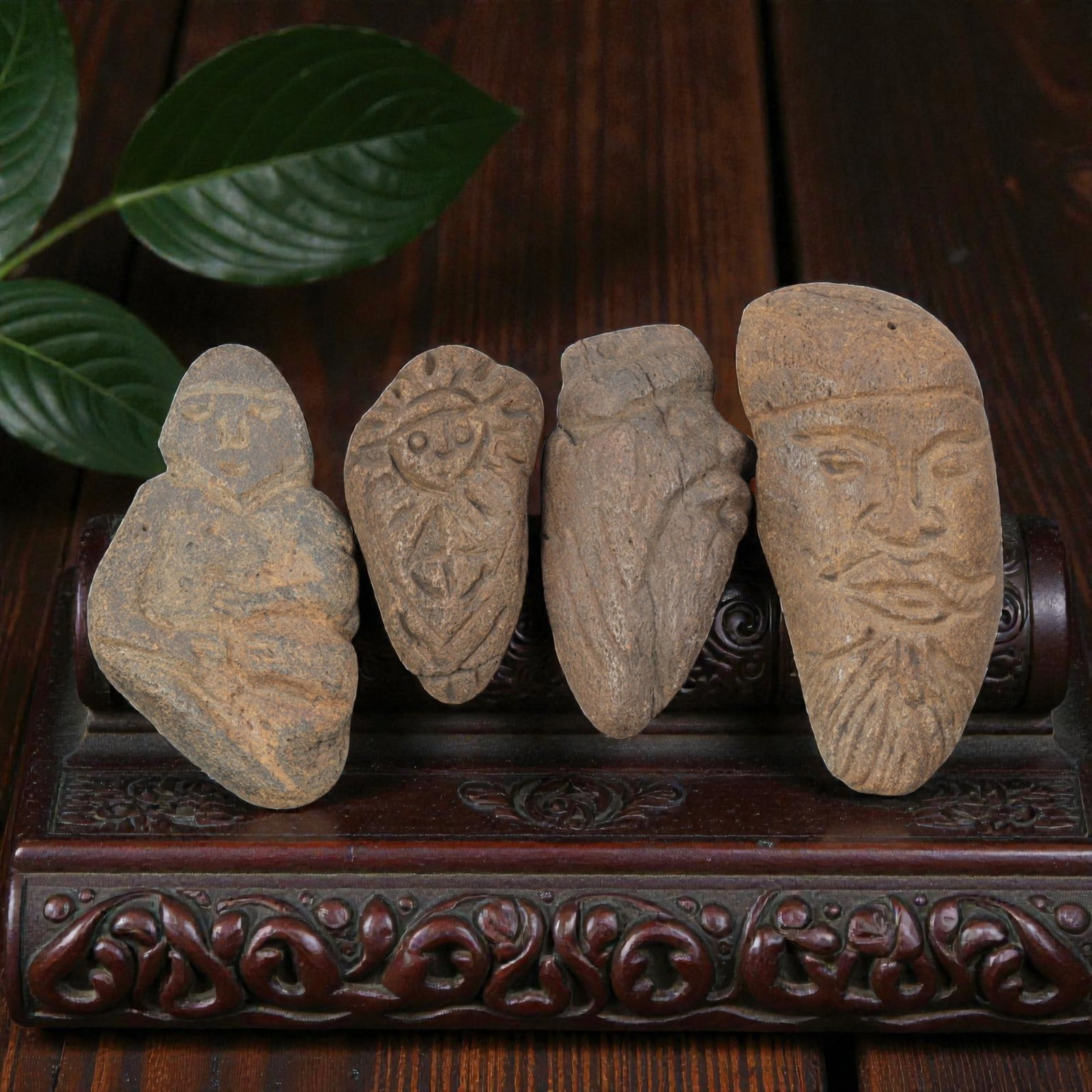 Lot of 4 Medieval Tribal Stone Carvings, Mediterranean Region, 29WT: A set of four hand-carved stone objects, measuring approximately 5-8 cm in height, showcasing medieval tribal stonework from the Mediterranean region. The pieces include a seated human figure, a styli