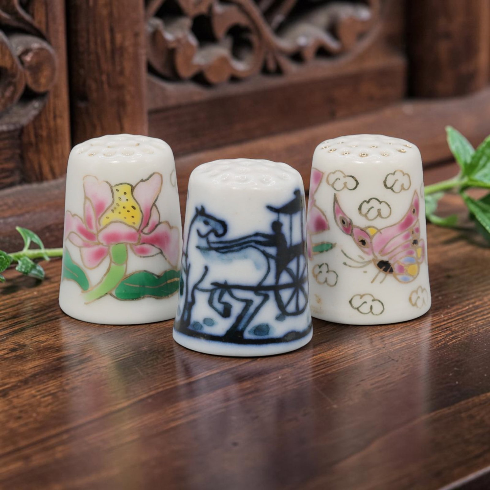 Vintage Hand-Painted Porcelain Thimble Set of 3 - Lotus, Horse & Butterfly Sewing Collectibles, 31YF: Crafted from fine white porcelain with delicate hand-painted designs and subtle gilded accents, this charming set of three vintage thimbles features a trio of whimsical motifs: a vibrant pink lotus fl