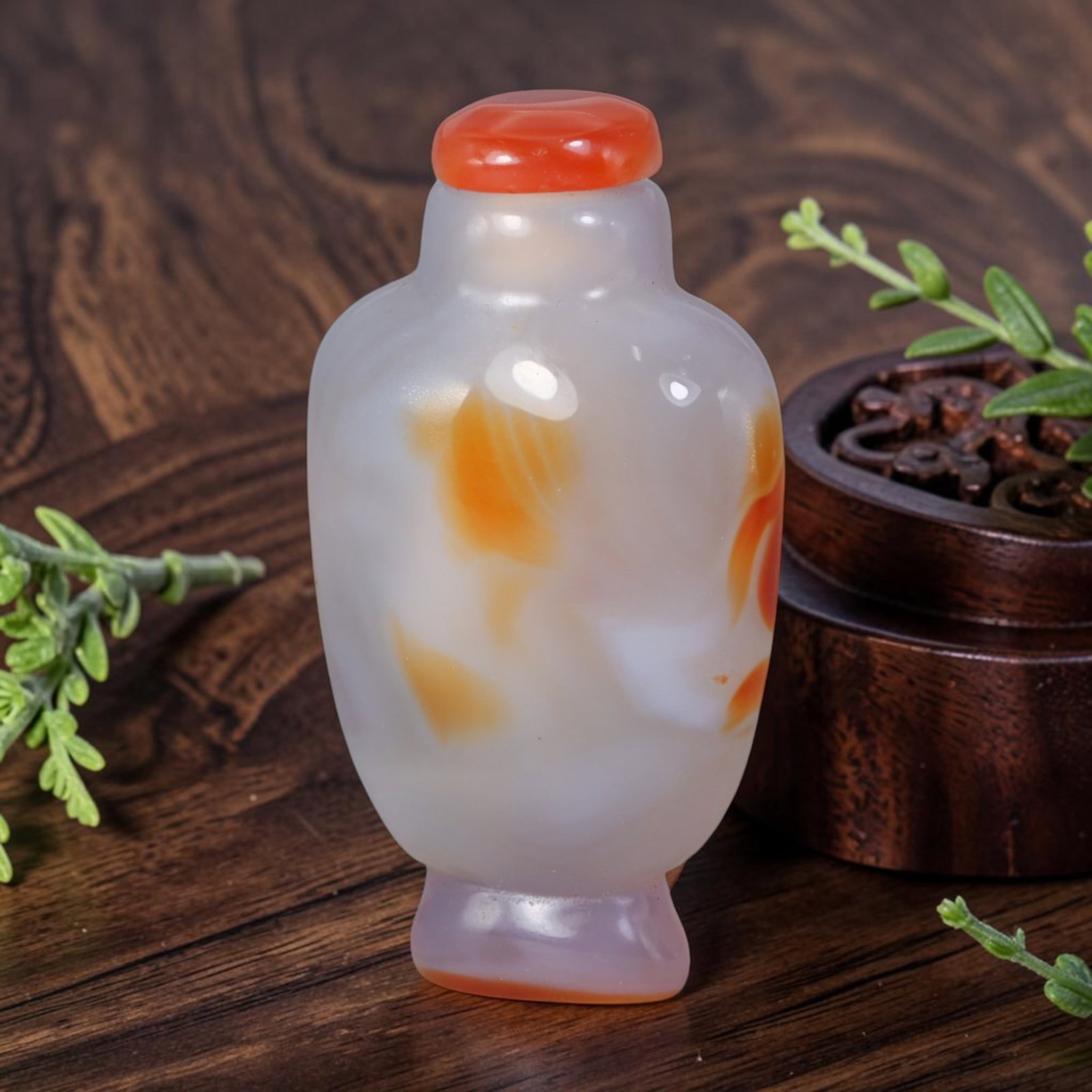 Natural Mongolian Agate Snuff Bottle - Orange Banded Chalcedony Vessel, 96AR: This hand-carved vessel is crafted from natural translucent Mongolian agate chalcedony, featuring soft milky white base stone interspersed with organic swirling orange banded inclusions that form natu