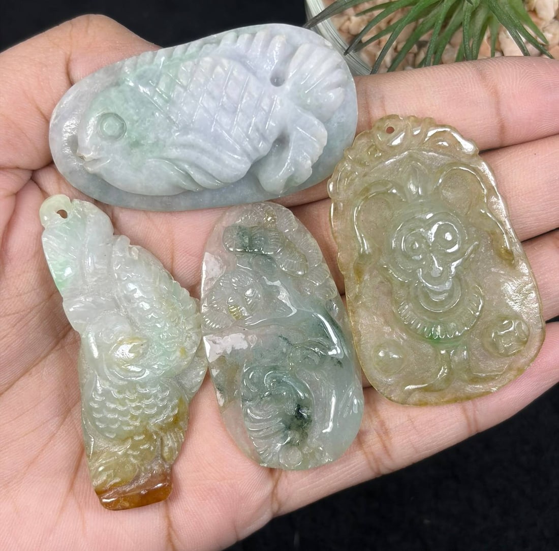 Lot Of 4 Natural Burmese Type A Jadeite Jade Carved Pendants, 18AS: This four-piece grouping features hand-carved pendants worked from untreated natural Type A Burmese jadeite jade, showcasing culturally auspicious traditional Chinese carvings including double fish mo