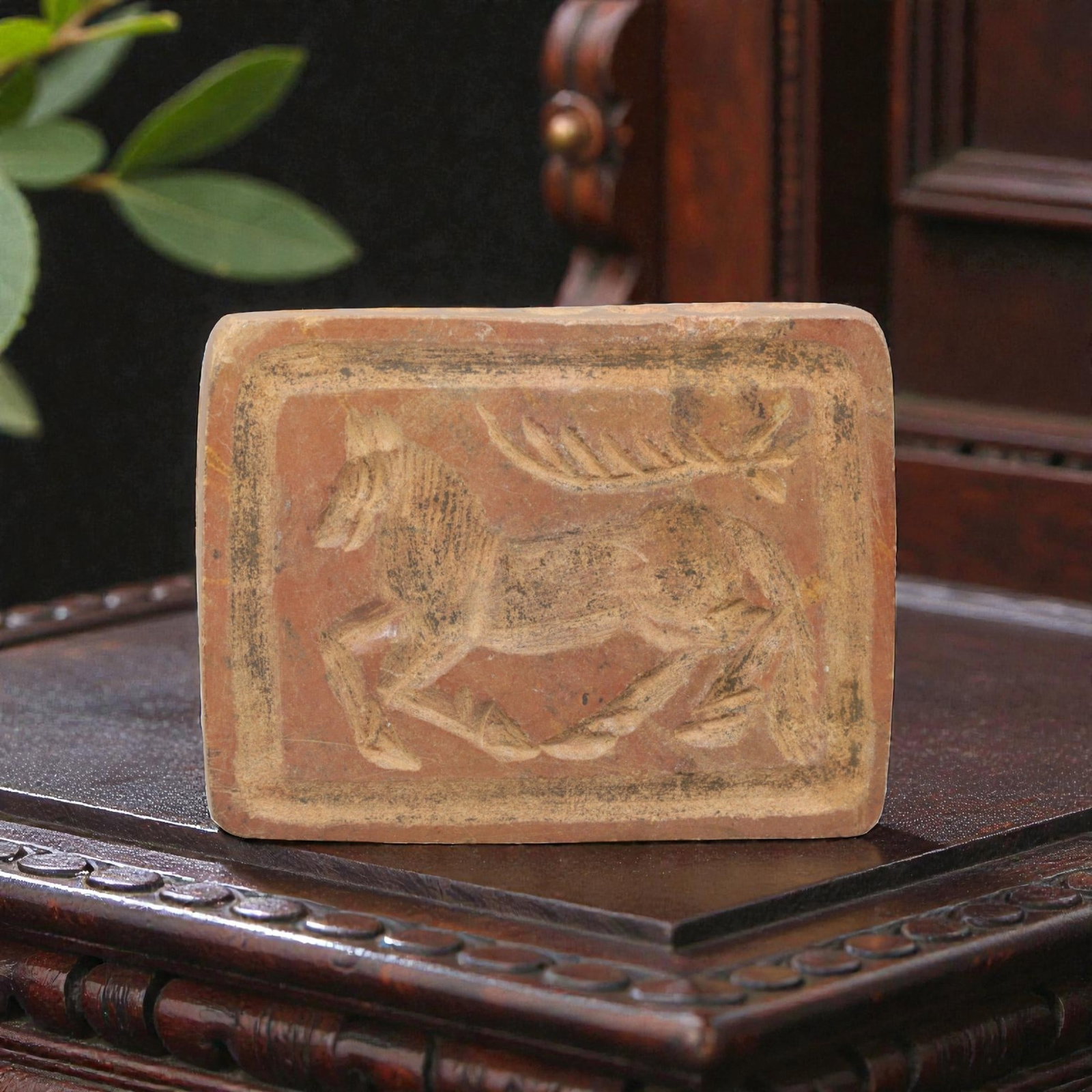 Ancient Limestone Double-Convex Seal - Near Eastern Animal Motif, 68ZQ: Carved from limestone, this ancient Near Eastern double-convex seal features a raised relief animal motif on one face and geometric ornamentation on the other, typical of small administrative or ritua