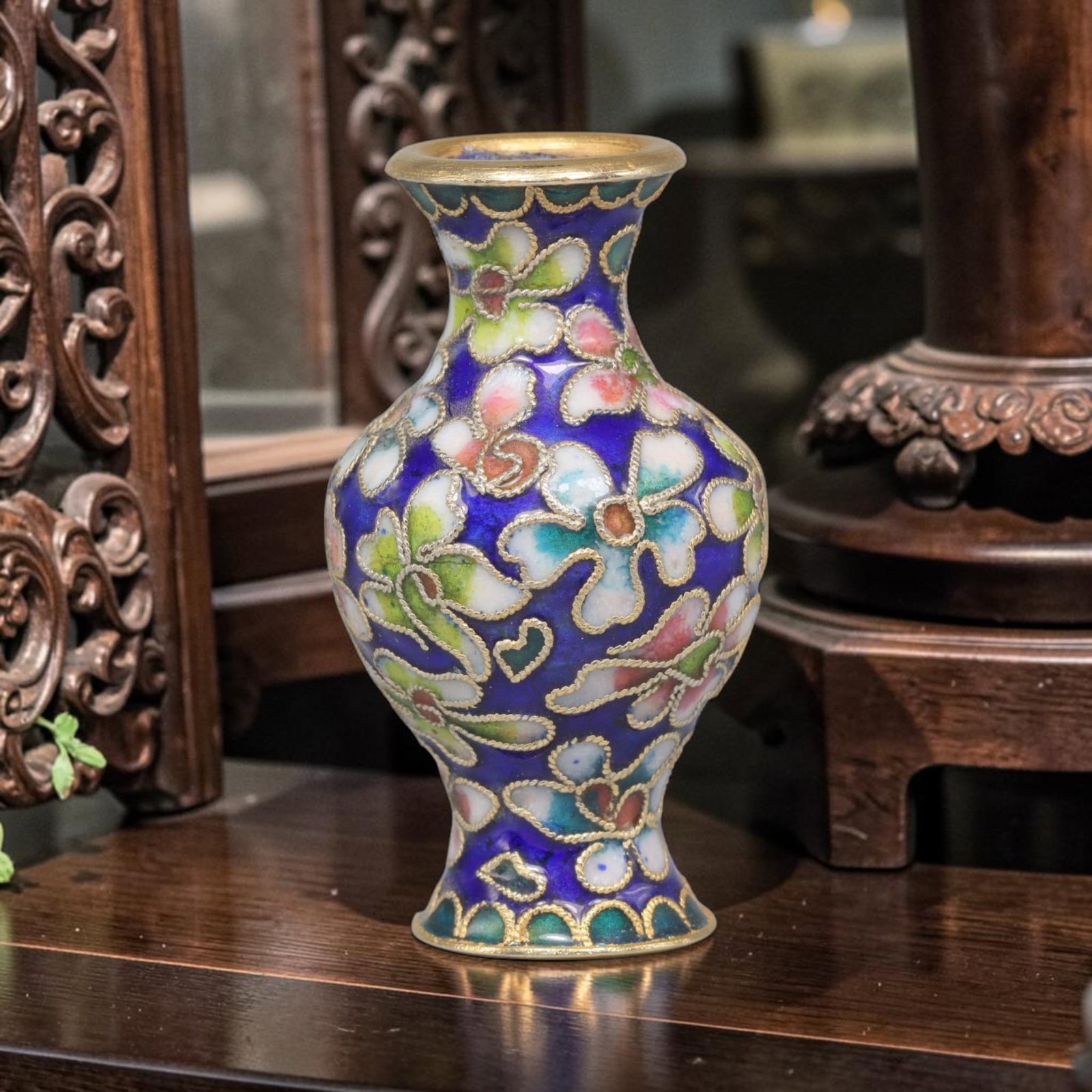 Vintage Chinese Copper Cloisonne Mini Vase - Floral Enamel Vessel, 24YF: Crafted from copper base metal with fine cloisonne wire filigree and hand-fired polychrome enamel glazes, this compact miniature vase showcases elegant traditional floral motifs across its exterior. D