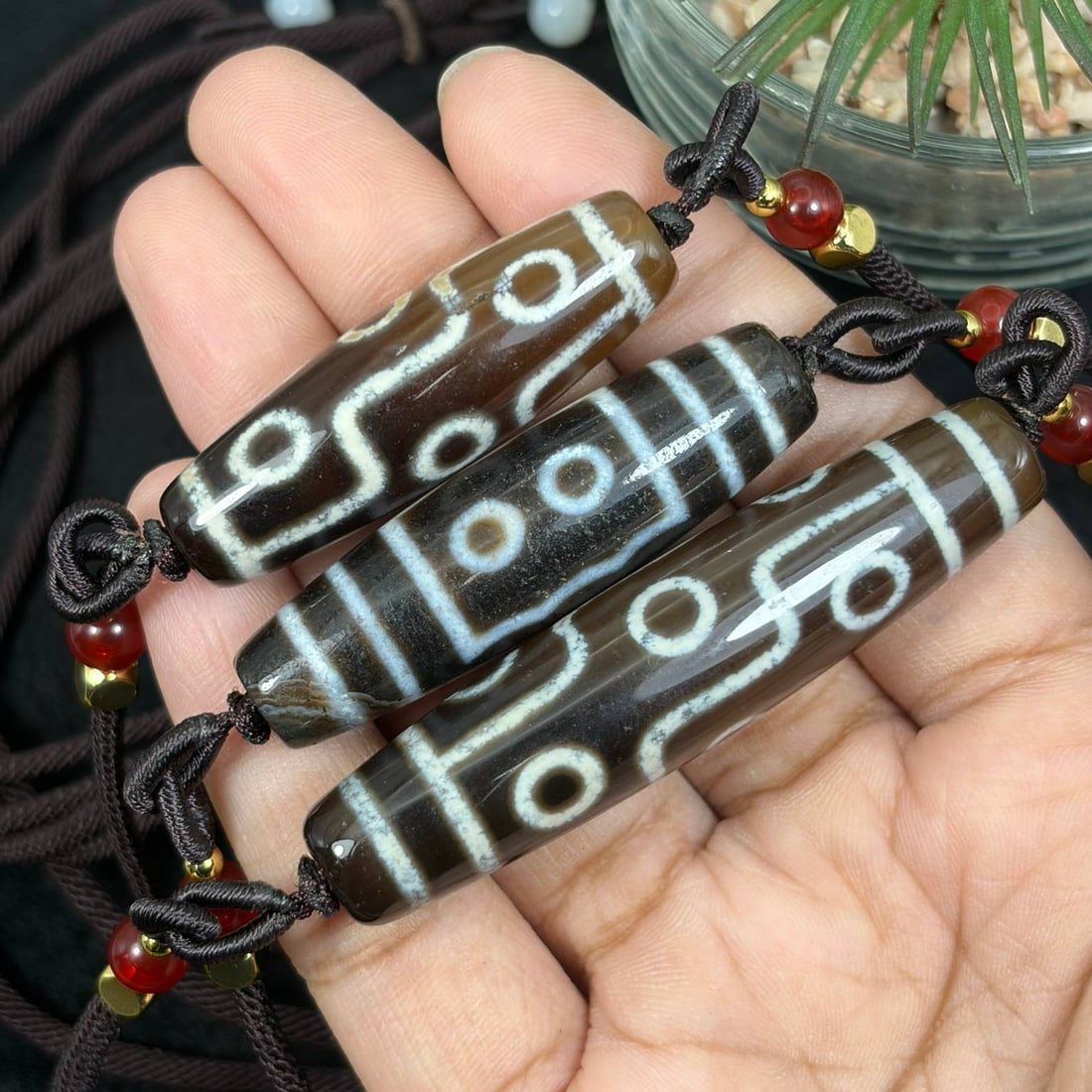 Set of 3 Chinese Agate Dzi Bead - Tibetan Pendant Necklace, 1YJ: This listing includes three separate agate dzi bead pendants constructed as complete necklaces, each carved from polished banded agate etched with traditional circular eye and linear symbolic patterns