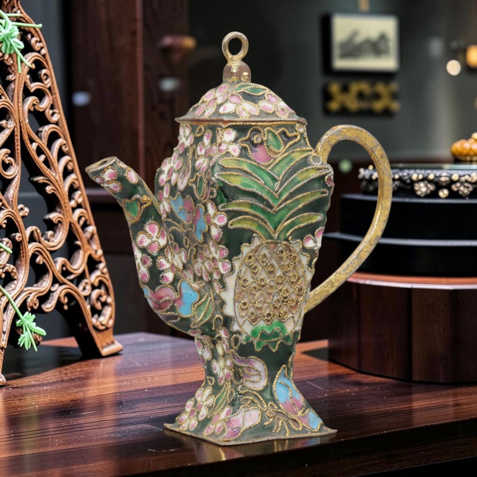 Vintage Chinese Copper Cloisonne Teapot - Floral & Pineapple Enamel Ewer, 44YF: Crafted from copper base metal with fine cloisonne wire filigree and hand-fired polychrome enamel glazes, this ornate teapot showcases intricate tropical-inspired motifs across its faceted form. The d