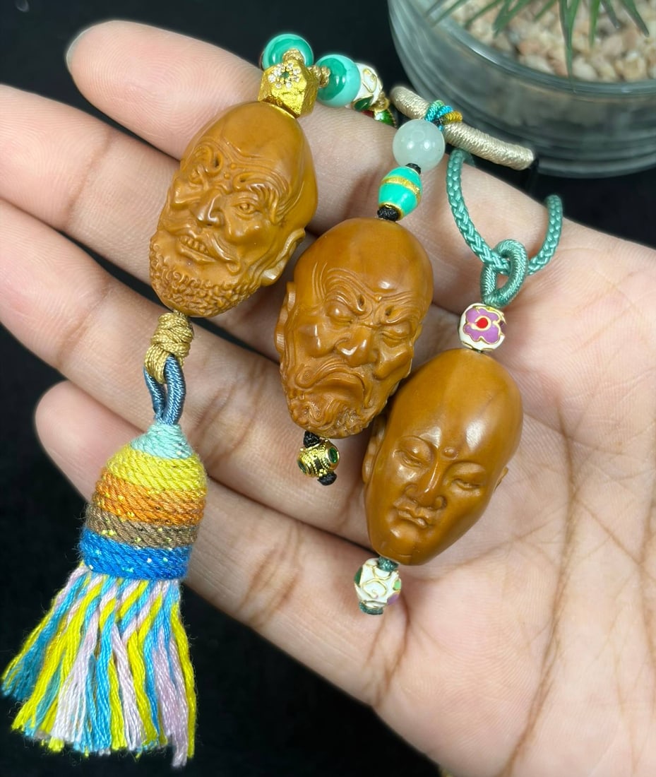 Lot of 3 Hand Carved Olive Nut Arhat Monk Pendant Braided Cord Necklaces, 3AS (1 of 2)