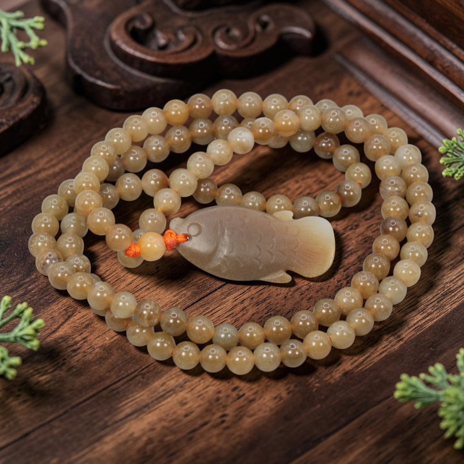 Natural Hetian Sugar Jade Necklace - Carved Fish Pendant, 67YJ: This necklace features a carved fish pendant made from natural Hetian sugar jade, paired with matching round Hetian sugar jade beads. The pendant is crafted from warm caramel-toned sugar jade, depicti