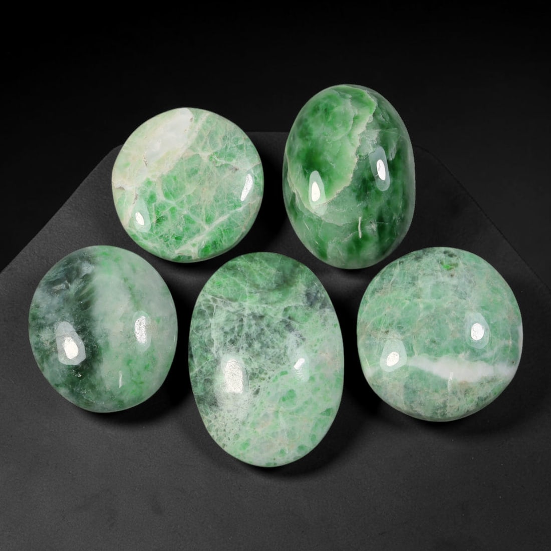 Lot of 5pcs 75ct Natural Burmese Type A Banded Mint Emerald Ice Jadeite Jade Cabochons, 62AV: This wholesale gem lot comes with 5 fully untreated natural Burmese Type A jadeite jade cabochons in mixed round and oval shapes, total combined weight 75ct with the largest measuring 24x16mm. Each st