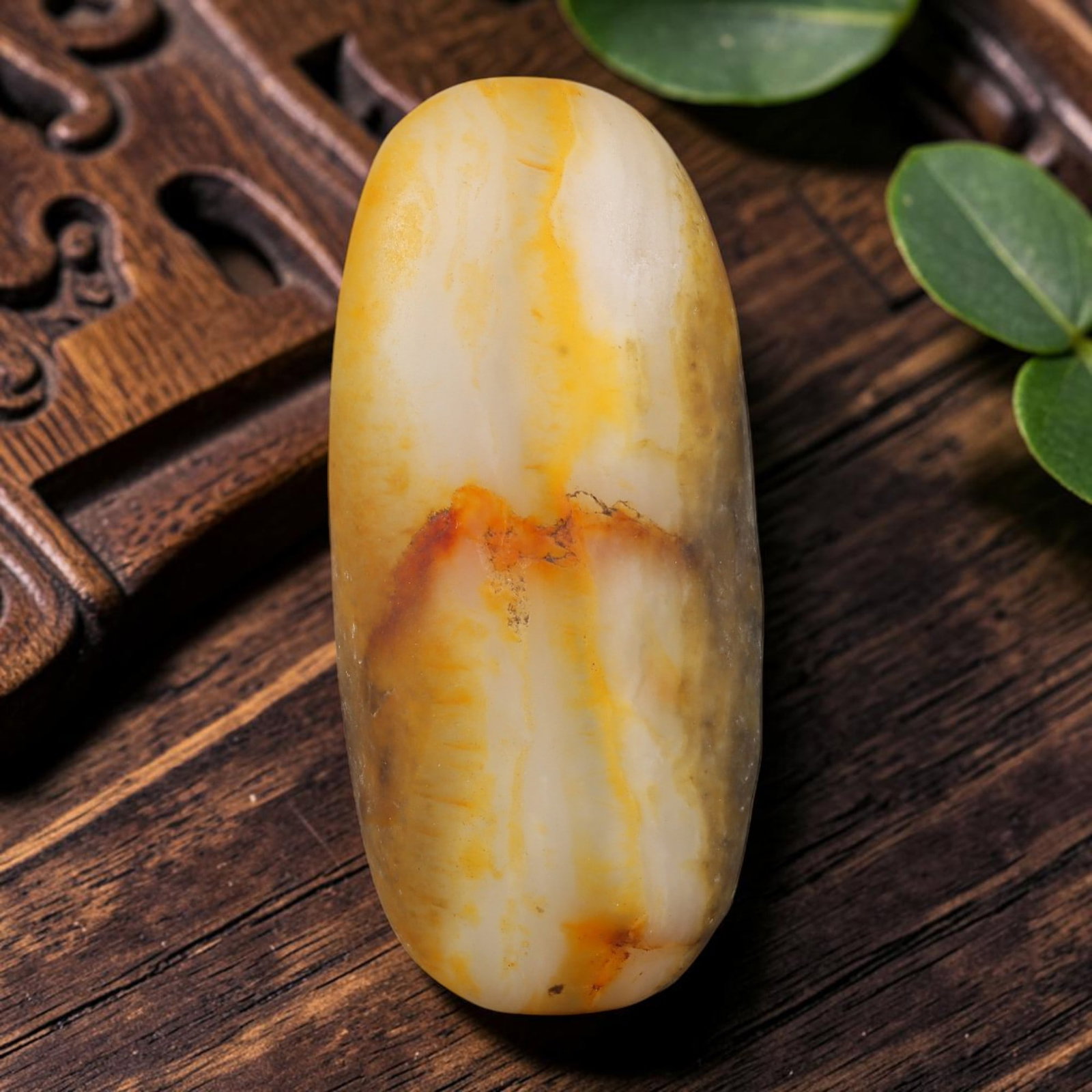 Natural Chinese Hetian Mutton Fat Nephrite Raw Seed Pebble Jade Stone, 78AS: This untouched alluvial river pebble is natural Xinjiang Hetian mutton fat nephrite seed jade, retaining its naturally eroded oval form marked by striking layered golden and orange russet skin veining