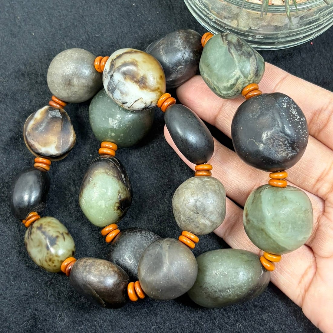 Lot of 2 Natural Raw Skin Hetian Nephrite Seed Jade Bracelets, Largest 2.8cm Pebble Beads, 2AS: Complete set of 2 hand-strung bracelets crafted from genuine natural Hetian nephrite seed jade pebbles, with the largest rough jade beads measuring 2.8cm. Each unpolished natural pebble retains unique