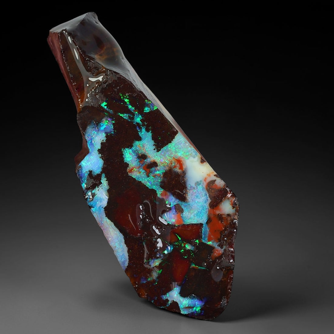 26.68ct Natural Australian Queensland Boulder Opal Sliced Slab Cutting Rough, 32YP: Natural sliced slab rough of Queensland boulder opal cutting grade, featuring rich color ironstone matrix with patterns. The face clearly reveals extensive opal veining and pocket formations running t