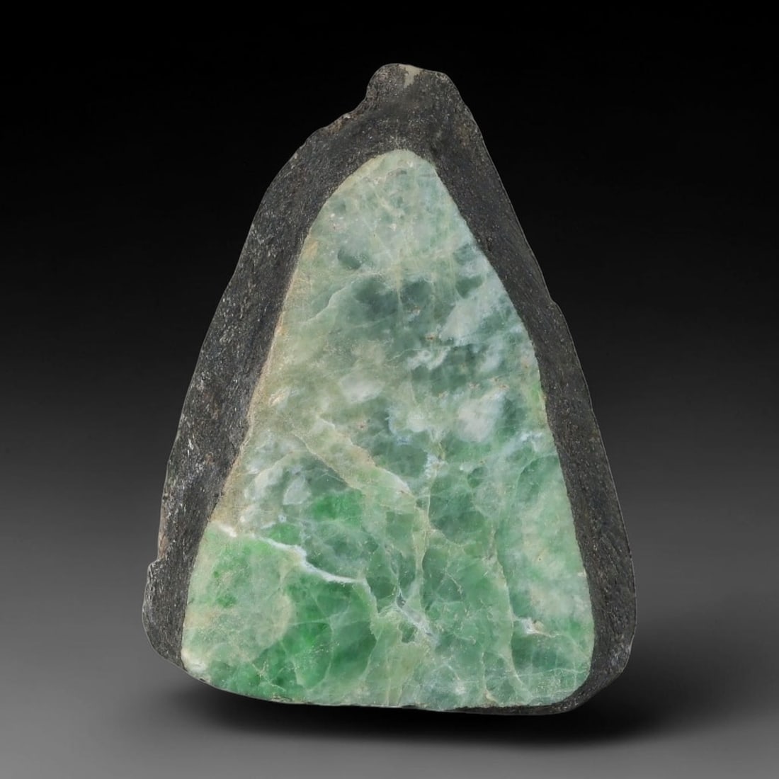 171ct Natural Type A Burmese Jadeite Jade Sliced Rough, 13AZ: This specimen is a sliced rough block of natural Type A Burmese jadeite jade. The interior displays natural colour zoning with visible mineral veining and crystalline patterns typical of unprocessed j