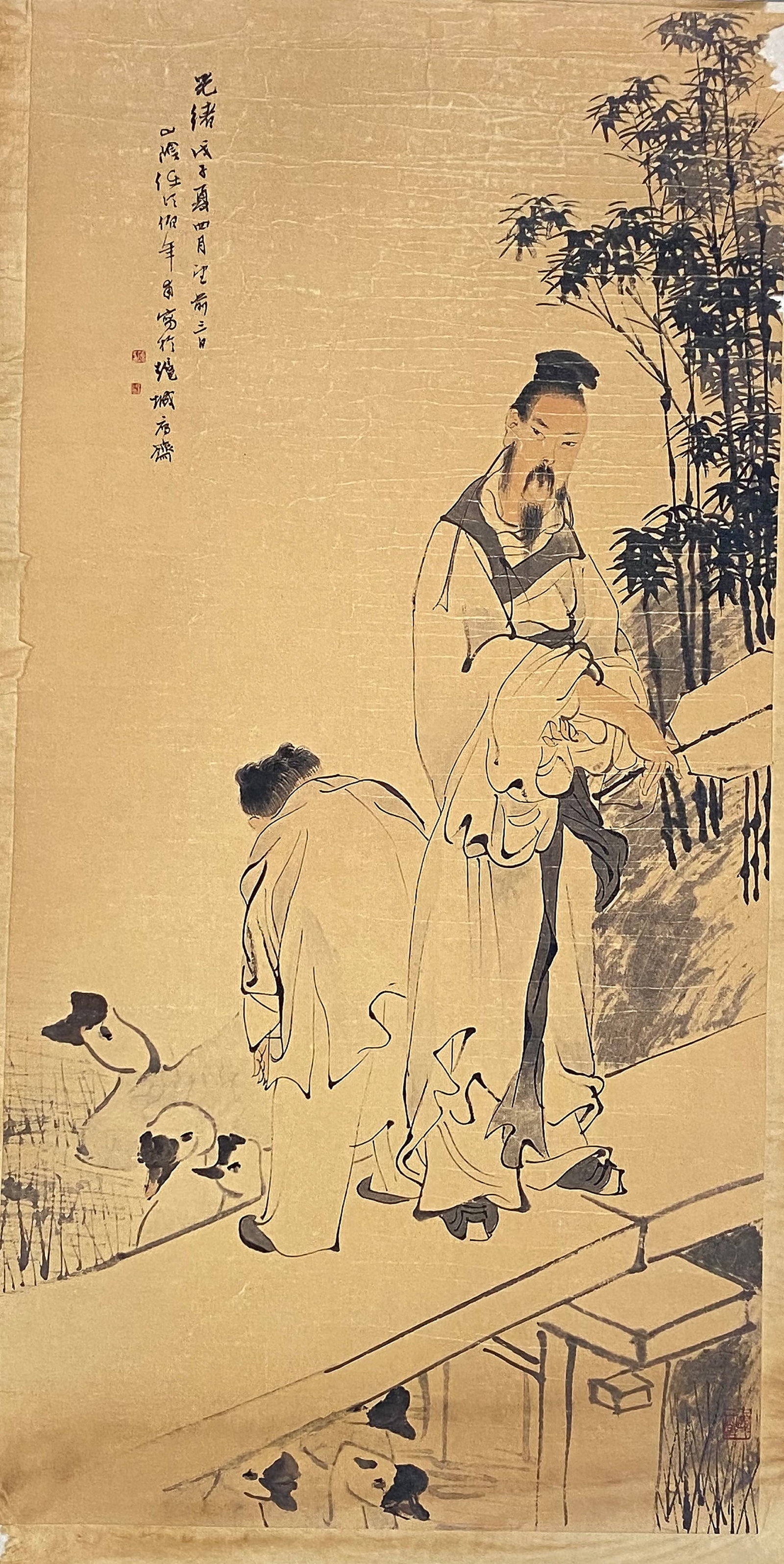A Chinese Ink and Color Art Print of Scholars by a Balustrade, 20th Century, 4FK: Produced using fine art printing processes on aged paper stock, the work is an ink and color art print executed in the traditional Chinese literati figure painting idiom. The composition features two 