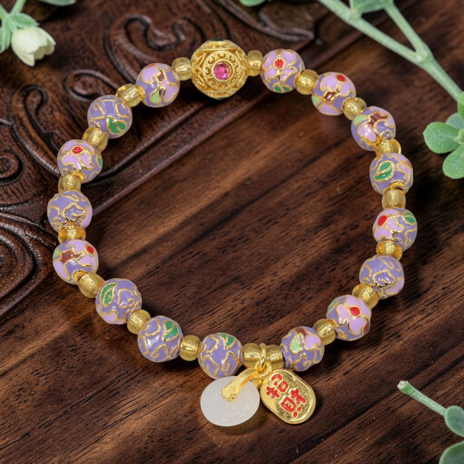 A Chinese Cloisonne Enamel Beaded Bracelet - Purple Gold-Tone Charms, 40YJ: This modern Chinese-style bracelet features 10.63mm round cloisonne enamel beads in a soft purple hue, each detailed with raised gold-tone floral patterns accented with green and red enamel. Small smo