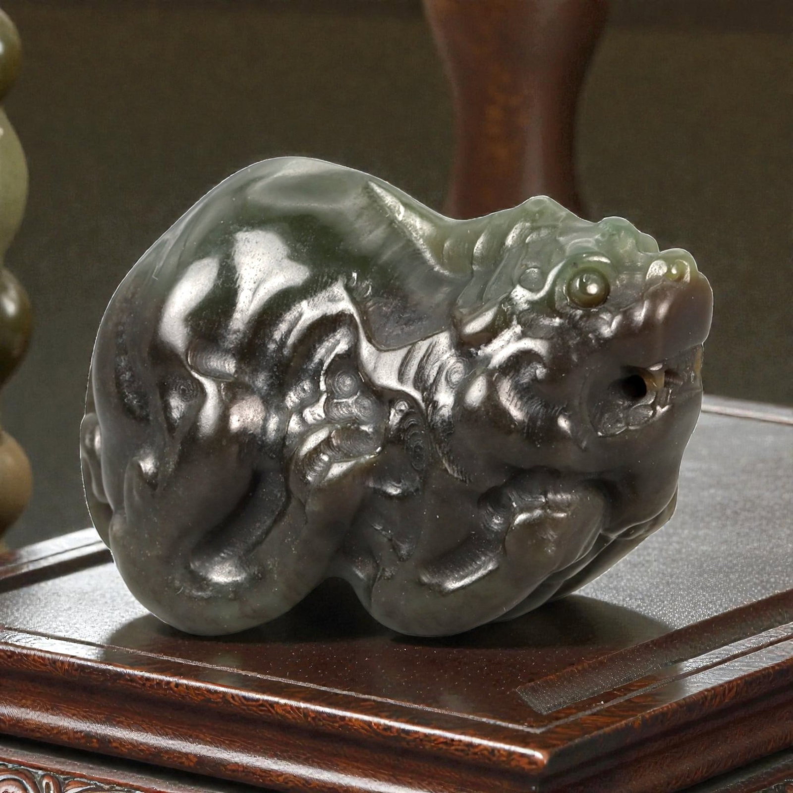 Natural Chinese Hetian Nephrite Jade Pixiu Figurine, 87FA: I'm happy to present this stunning Hetian nephrite pixiu figurine, a true piece of hand-carved art right here! Look at that beautiful natural gradient, deep, rich chocolate brown that softens into lus