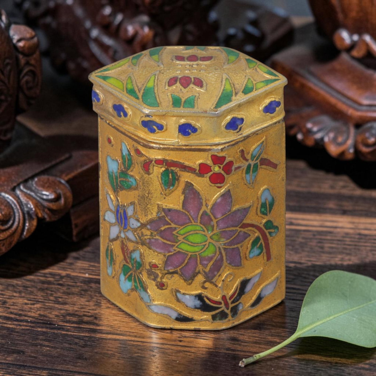 Vintage Chinese Gilded Cloisonne Hexagonal Mini Trinket Jar - Lotus & Butterfly Enamel Box, 47AR: This compact hexagonal cloisonne lidded jar is crafted over a copper base with intricate metal wire filigree, measuring 4 cm in height and 3 cm in width for holding tiny rings, beads and small keepsak