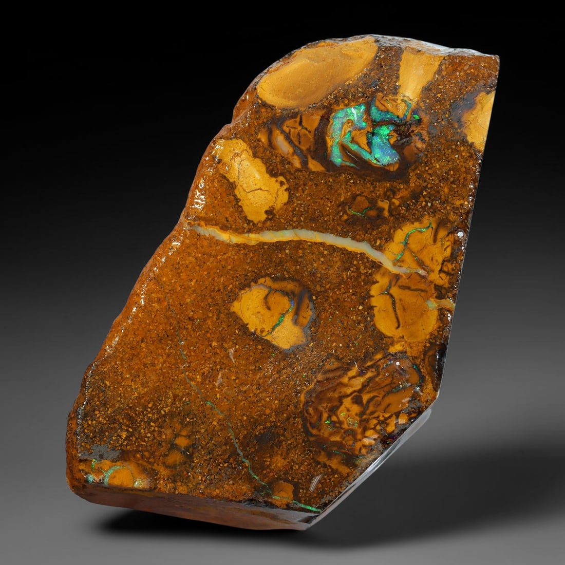 100.30ct Natural Australian Queensland Boulder Opal Sliced Slab Cutting Rough, 95AY: Natural sliced slab rough of Queensland boulder opal cutting grade, featuring rich color ironstone matrix with patterns. The face clearly reveals extensive opal veining and pocket formations running t
